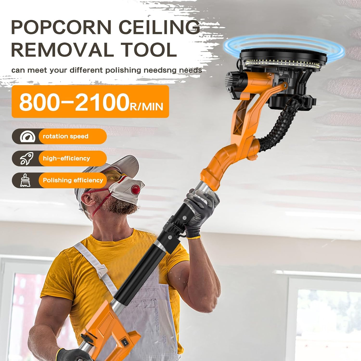 Drywall Sander with Vacuum, LED Light & 9 Speeds for Ceiling & Wall Texture