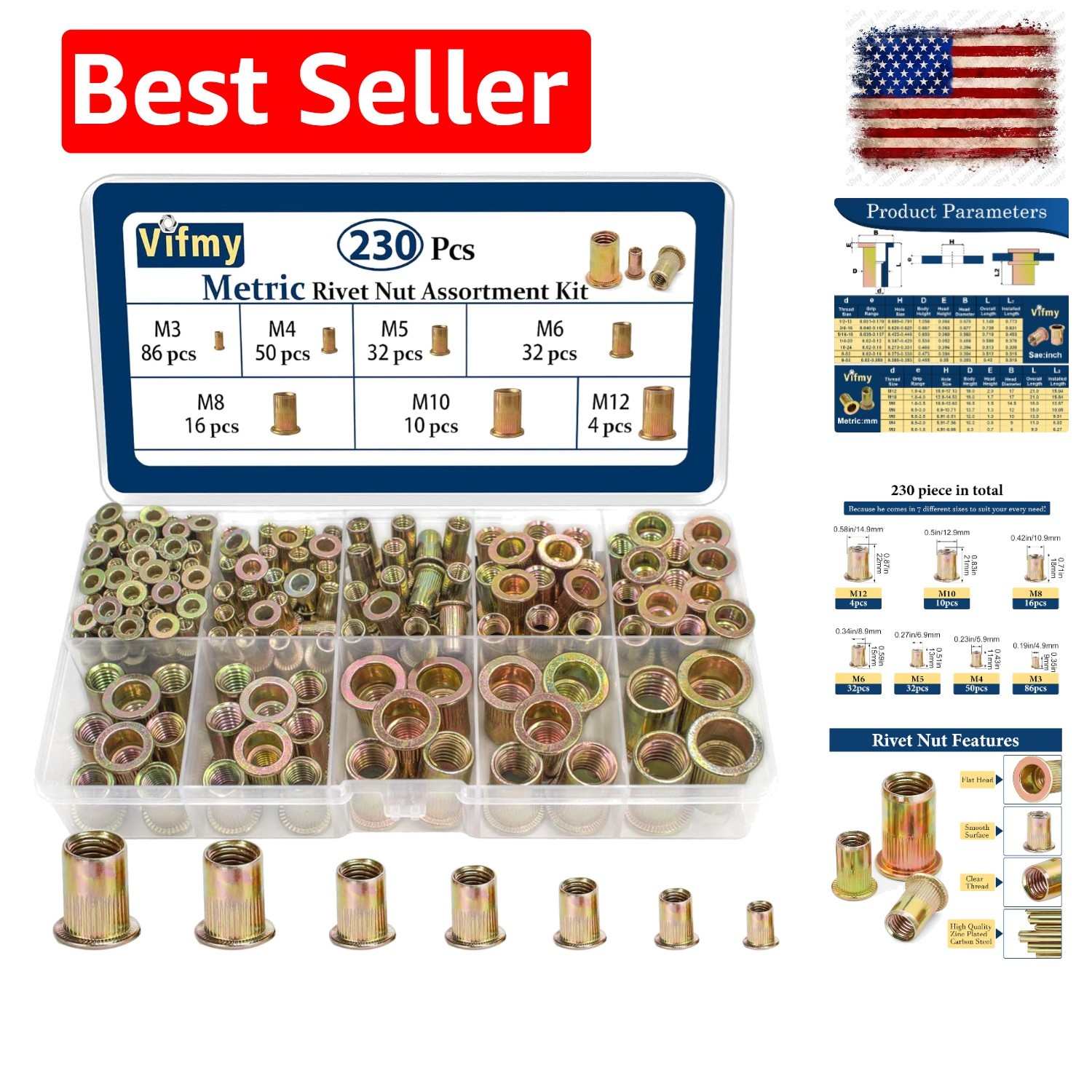 230Pcs Metric Rivet Nut Kit Carbon Steel Threaded RIV Nuts Assortment | m6-1....