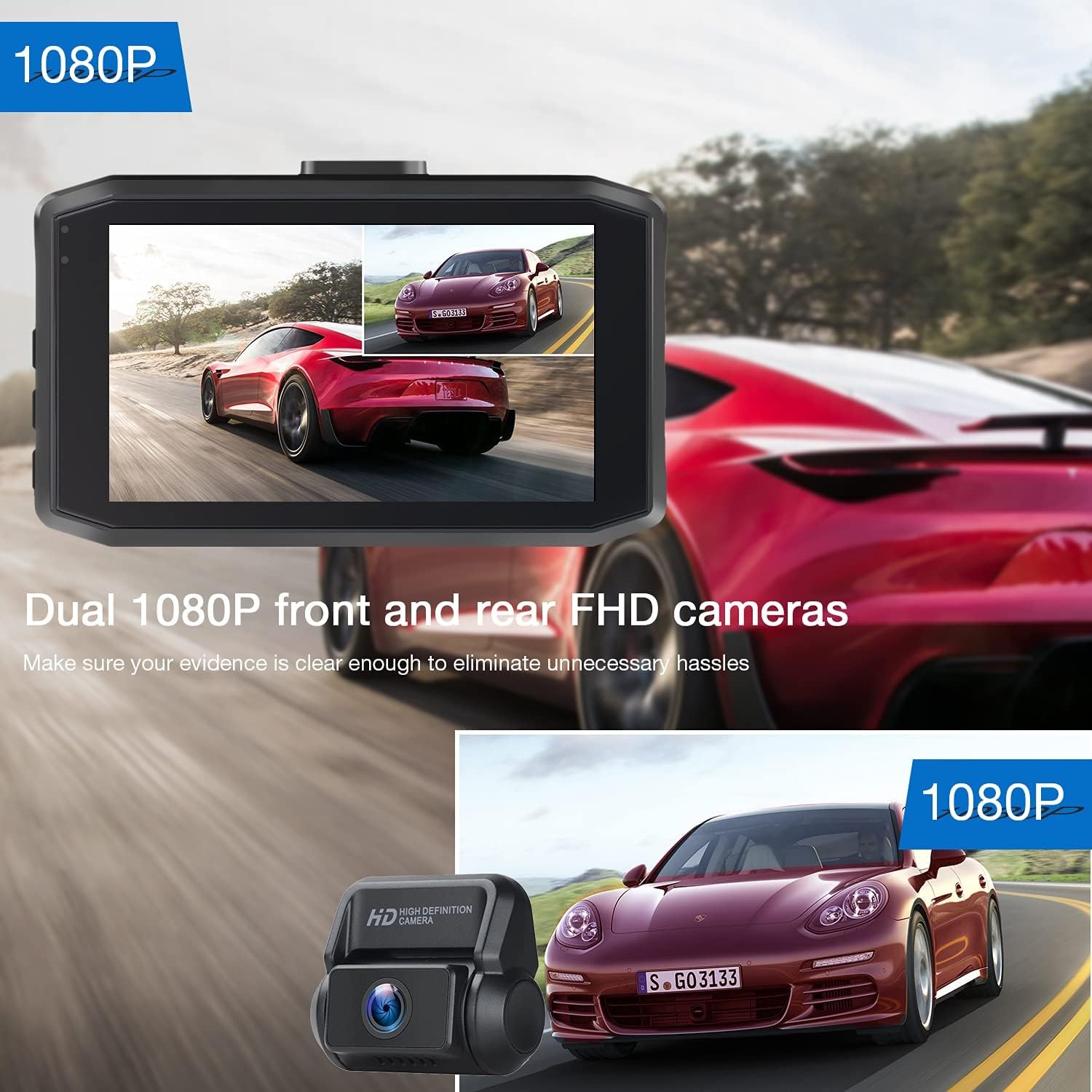 Dash Cam 1080P Front and Rear Camera Loop Recording G-Sensor 24 Hours Parking