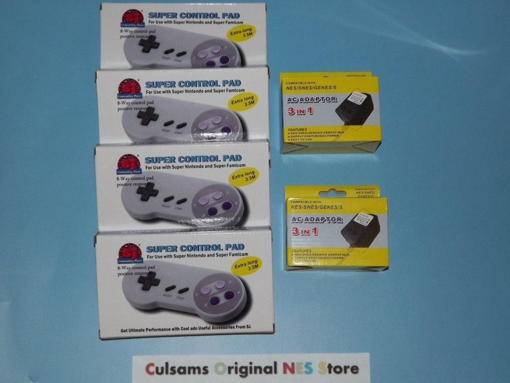 4 NEW SUPER NINTENDO SNES CONTROLLERS AND 2 NEW AC POWER ADAPTERS WITH GUARANTEE