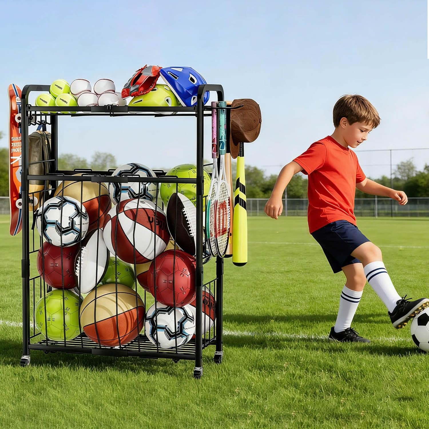 Garage Ball Storage Rack - Sports Equipment Organizer with Wheels, Rolling Sport