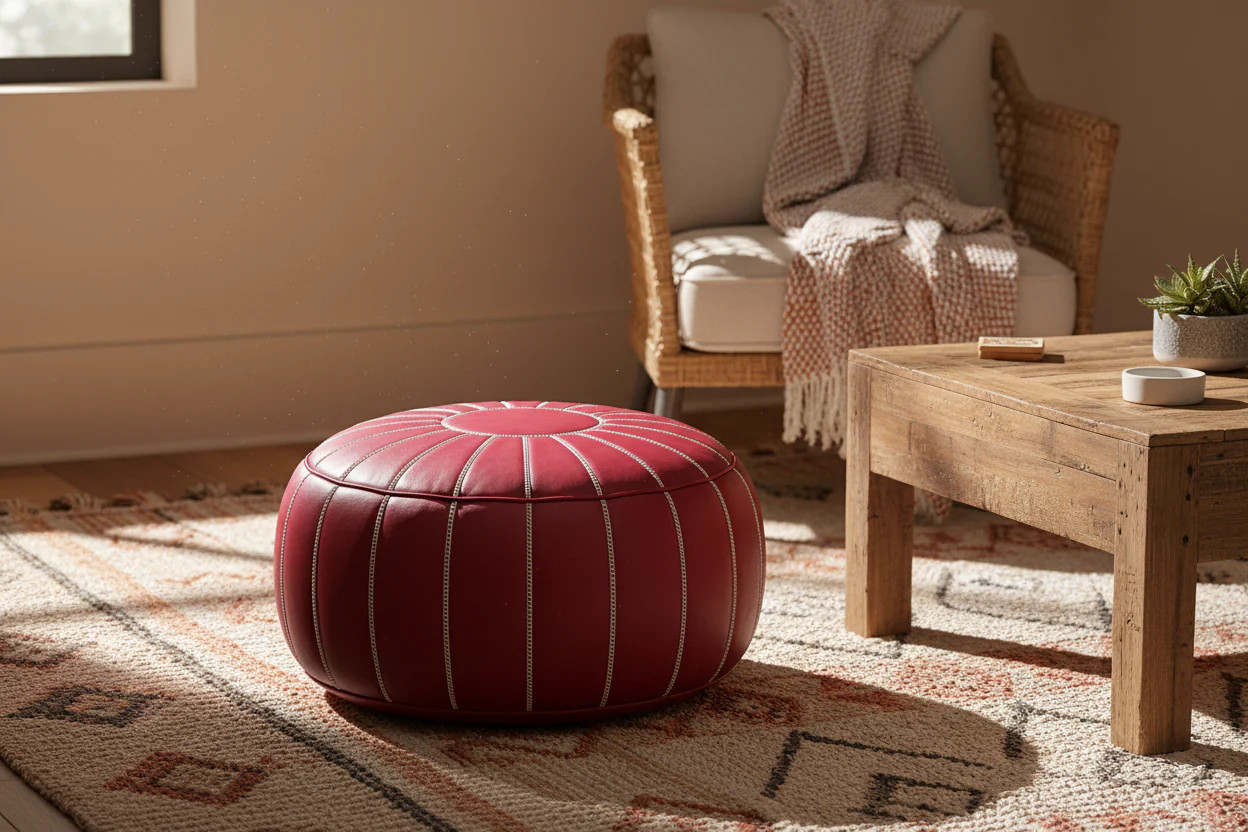 Moroccan Leather Pouf – Knotted Tassel Crown