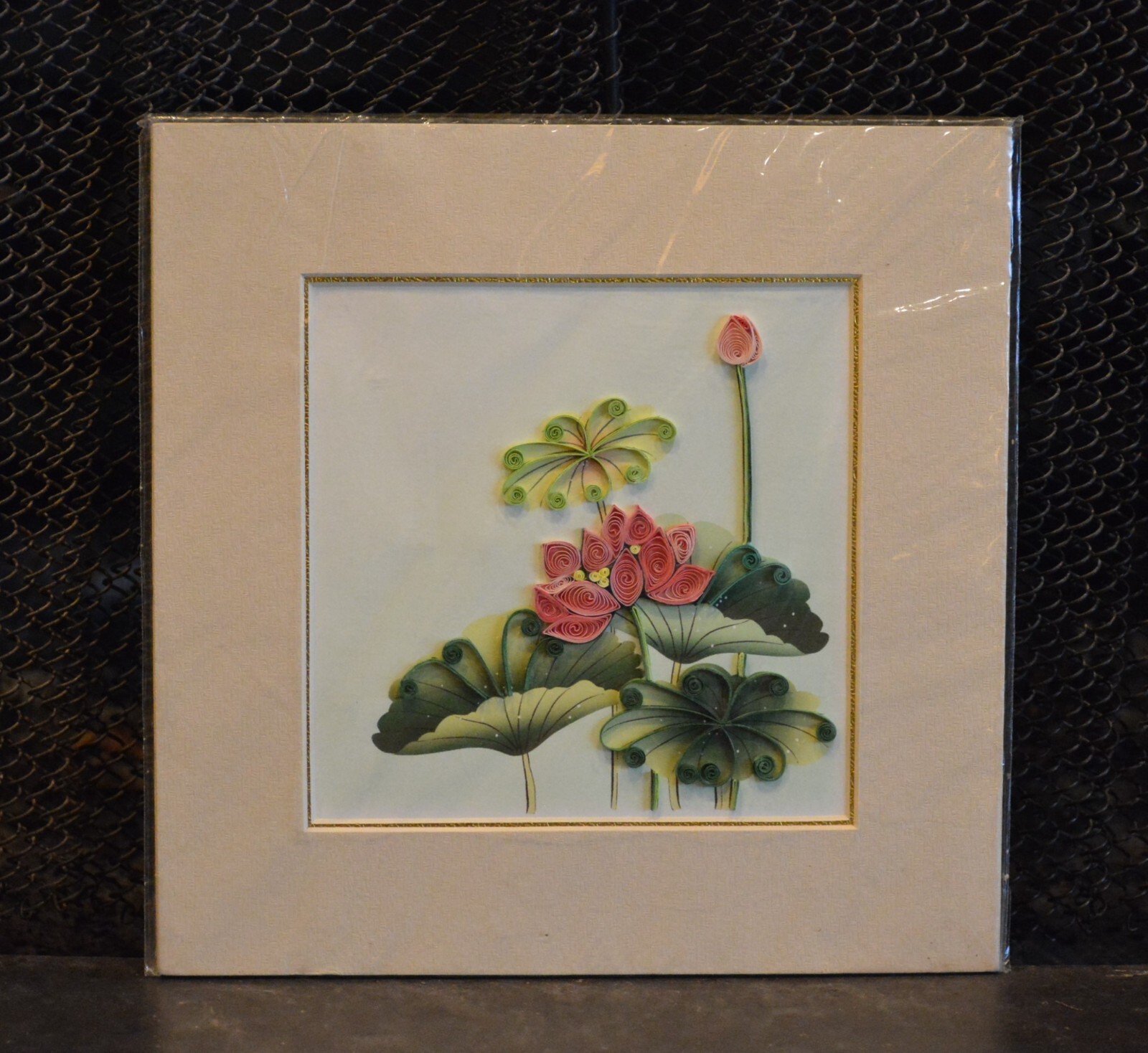 Paper Filagree - Quilled Floral Collage Painting - Beautifully Matted -  8" x 8"