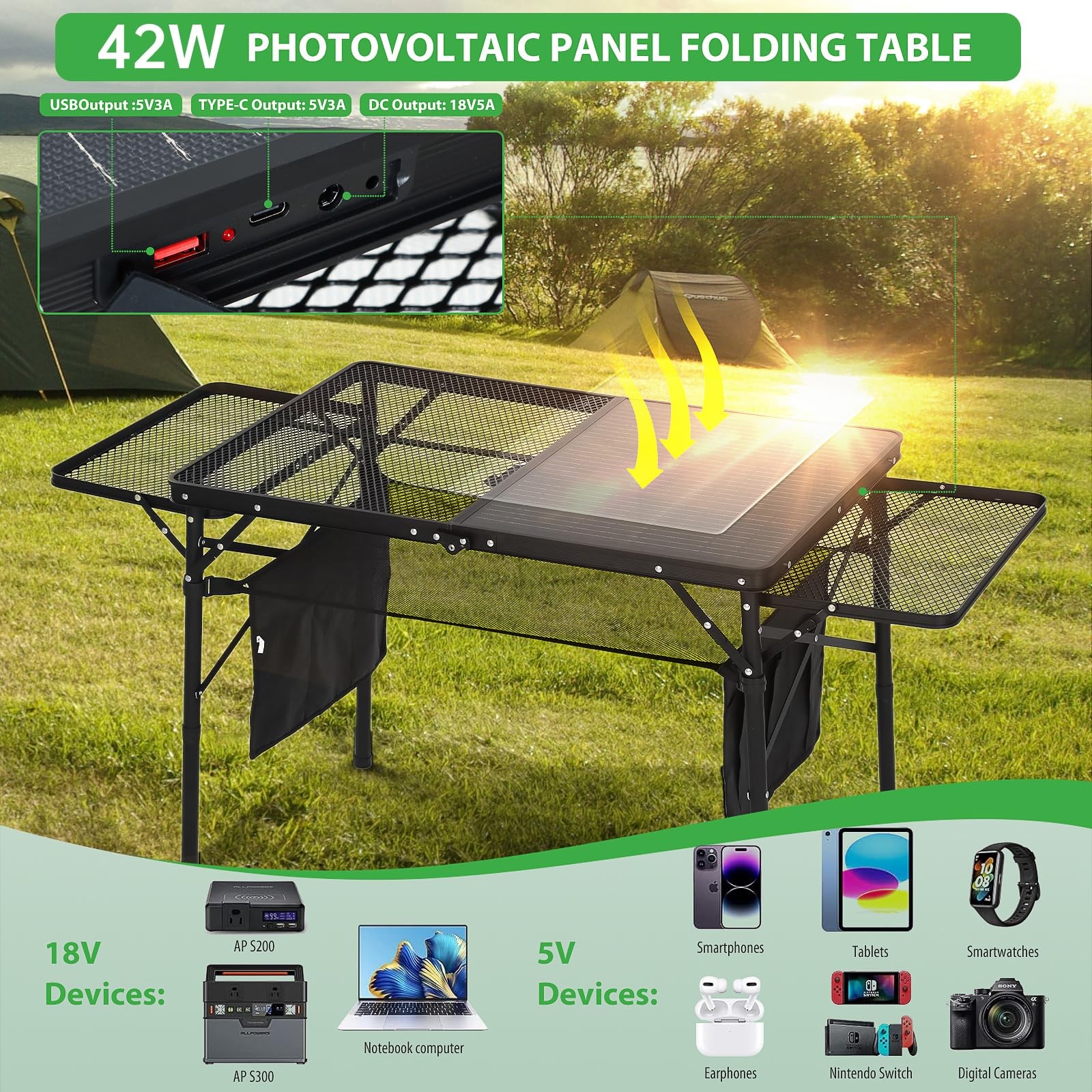 Nice C Camping Table with Solar Charger, Side Shelves, Mesh Net & Cup Holders