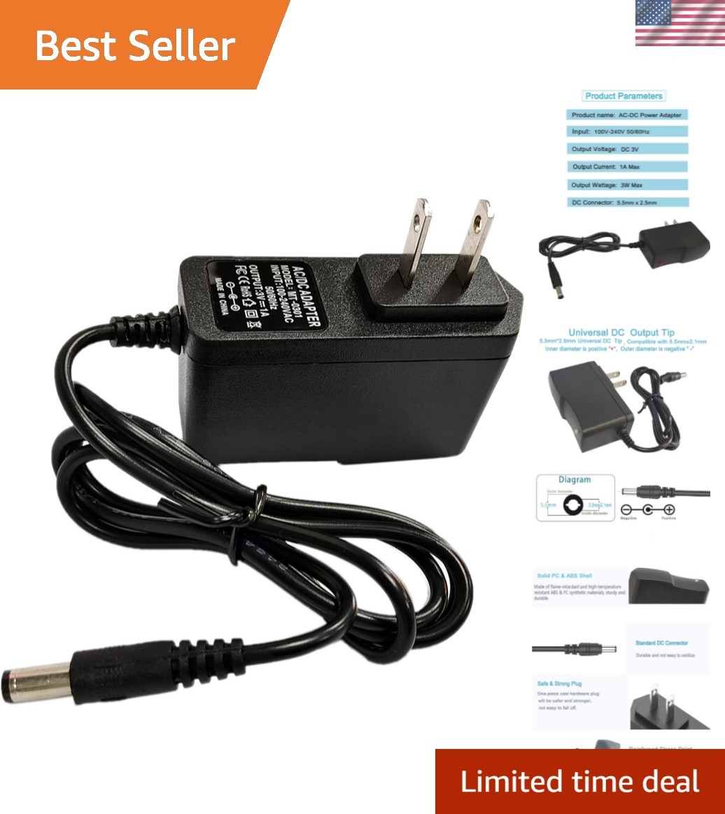 3V DC Power Supply with 5.5mm Connector - Adapter for Speakers, Routers & More