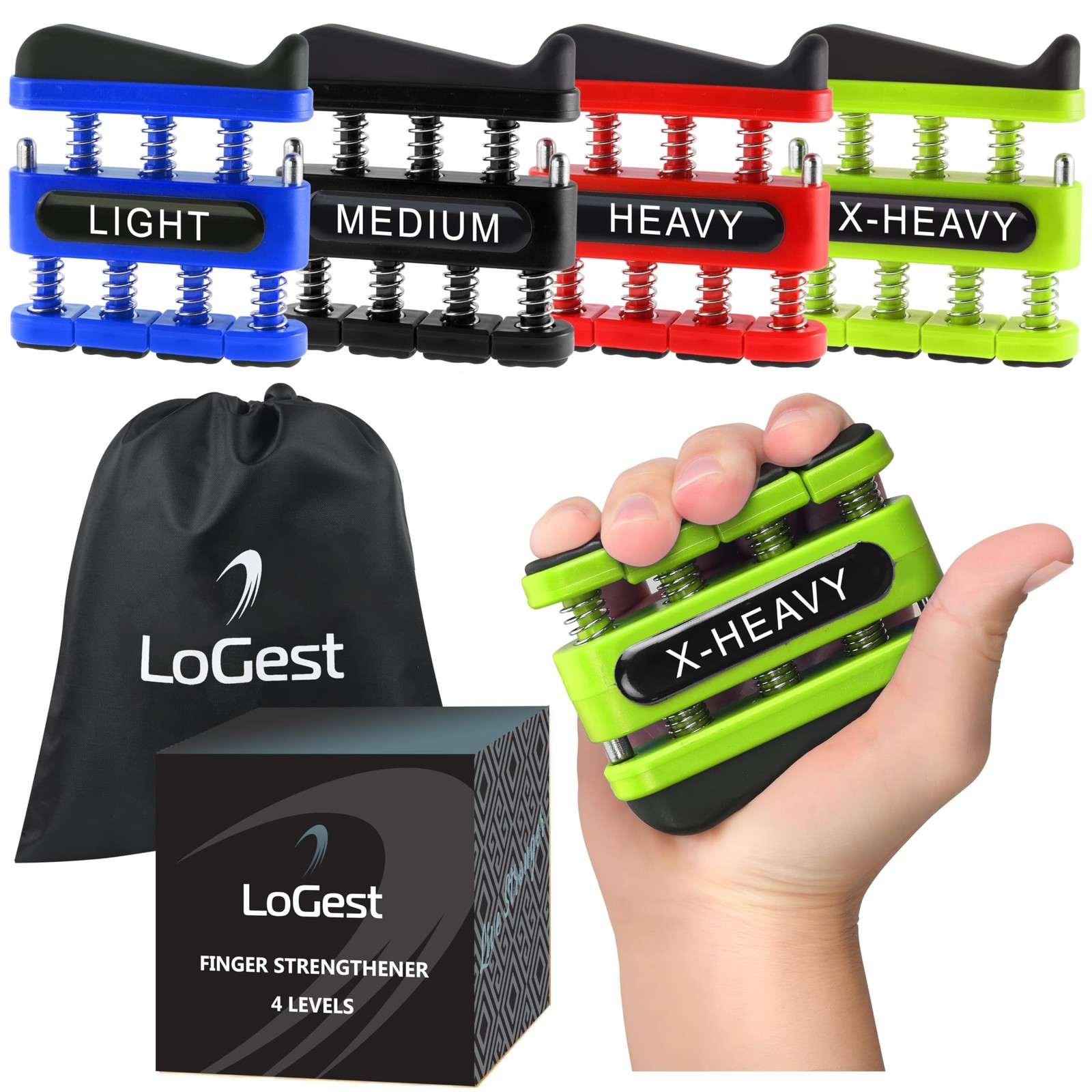 4 Pack Finger Strengthener Exerciser Light, Medium, Heavy, Extra Heavy Tension