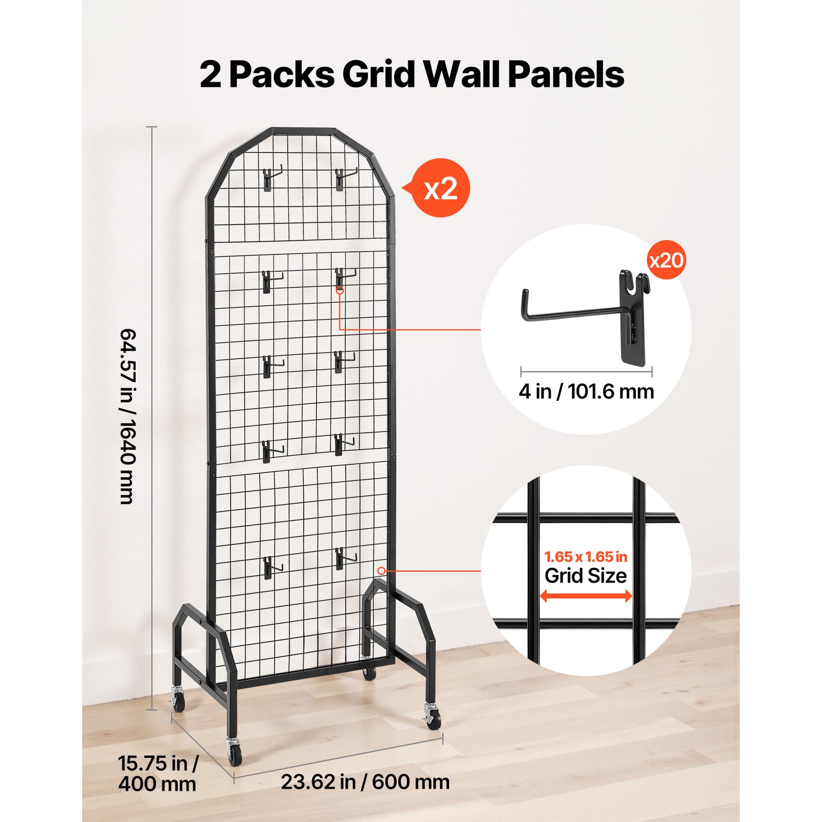 Uimoso 2-Pack Grid Wall Panels 1.9 x 5.4ft Wire Display Rack with Wheels & Hooks