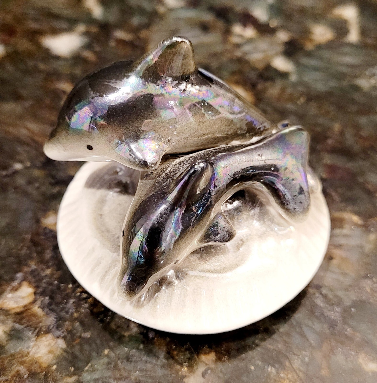 Ceramic Whimiscal Double Dolphins Lidded Trinket Box