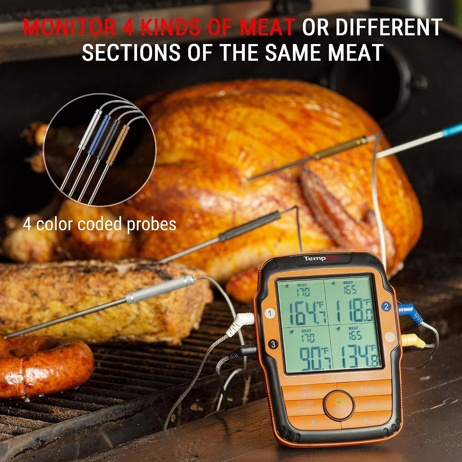 TempSync 1000FT Wireless Meat Thermometer for Grill with 4 Probes | RF Techno...