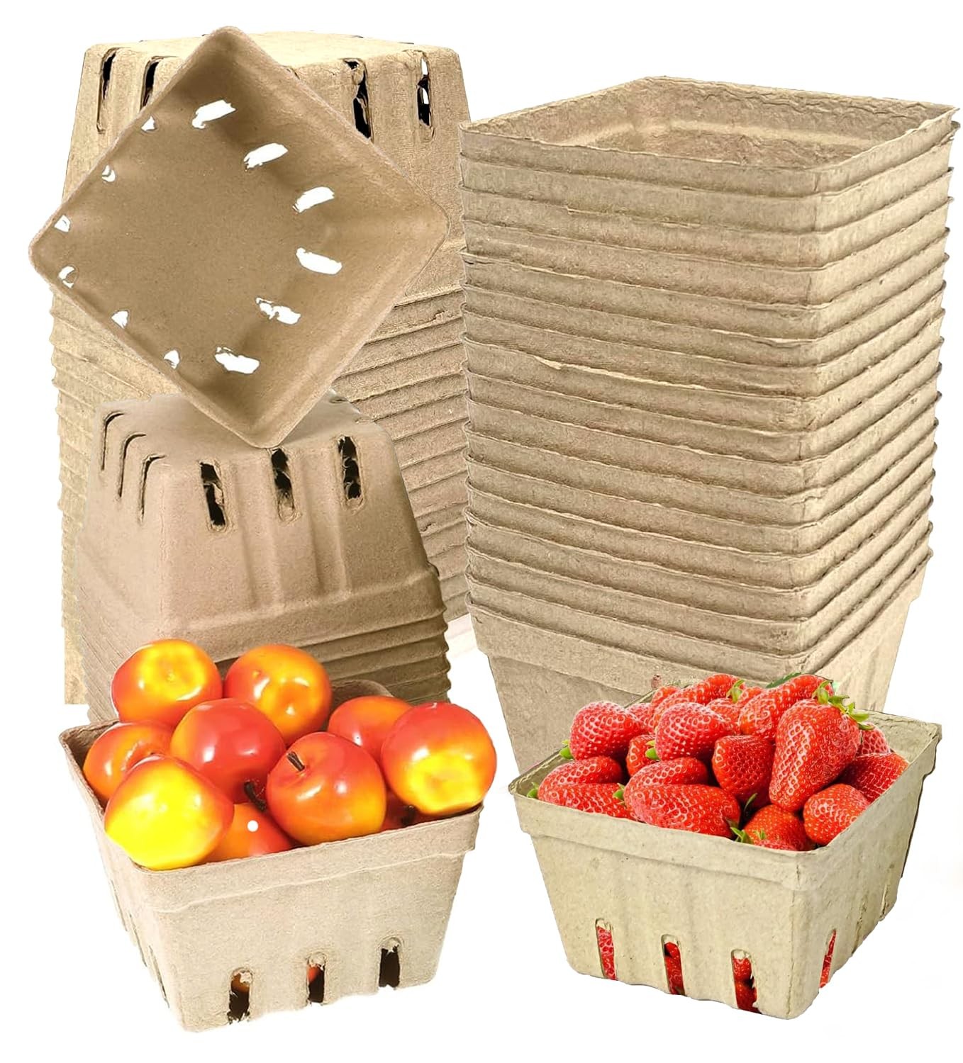50 Pack Natural Pulp Fiber Berry Baskets with Blank Label for Vegetables Stra...