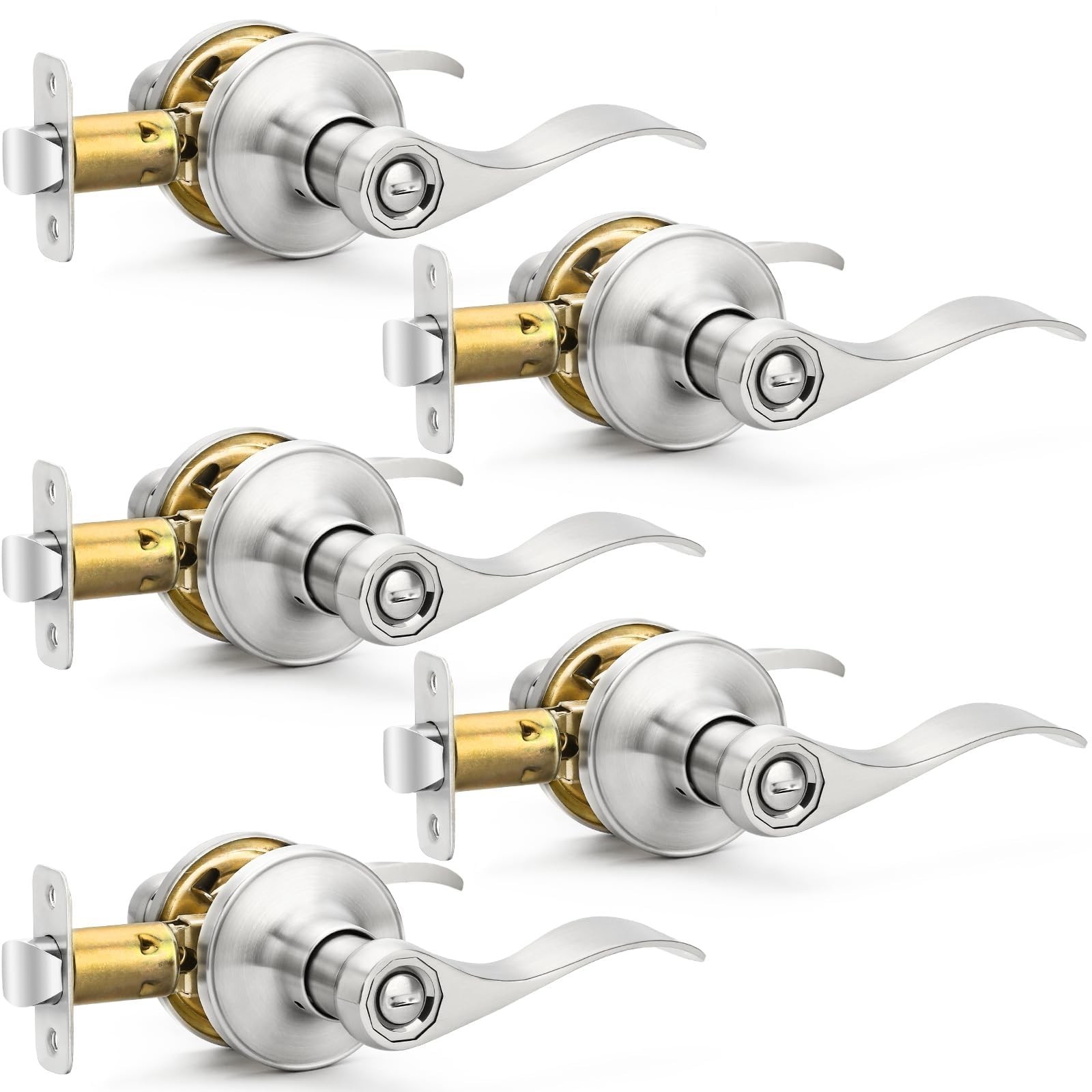 5 Pack Brushed Nickel Door Handles Privacy Door Levers, Heavy Duty Bed and Ba...