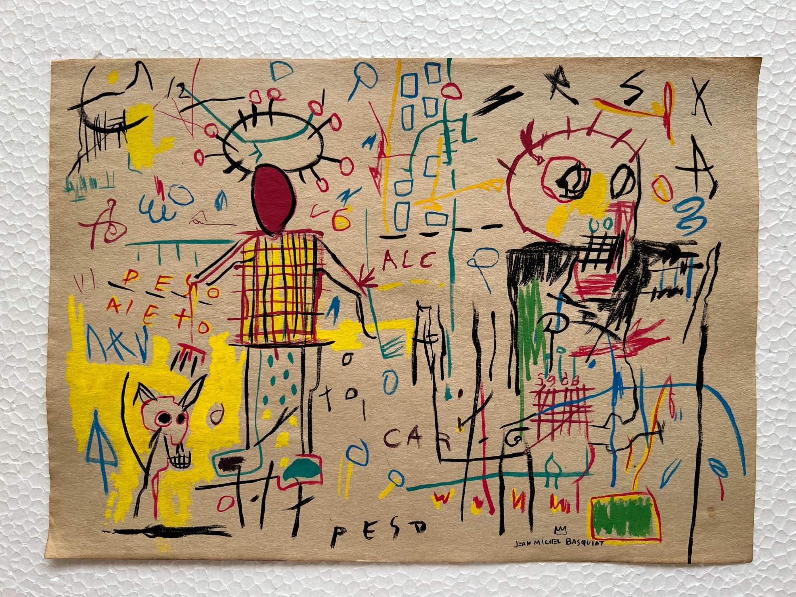 Jean-Michel Basquiat Drawing (handmade) Antique Paper Signed and Sealed