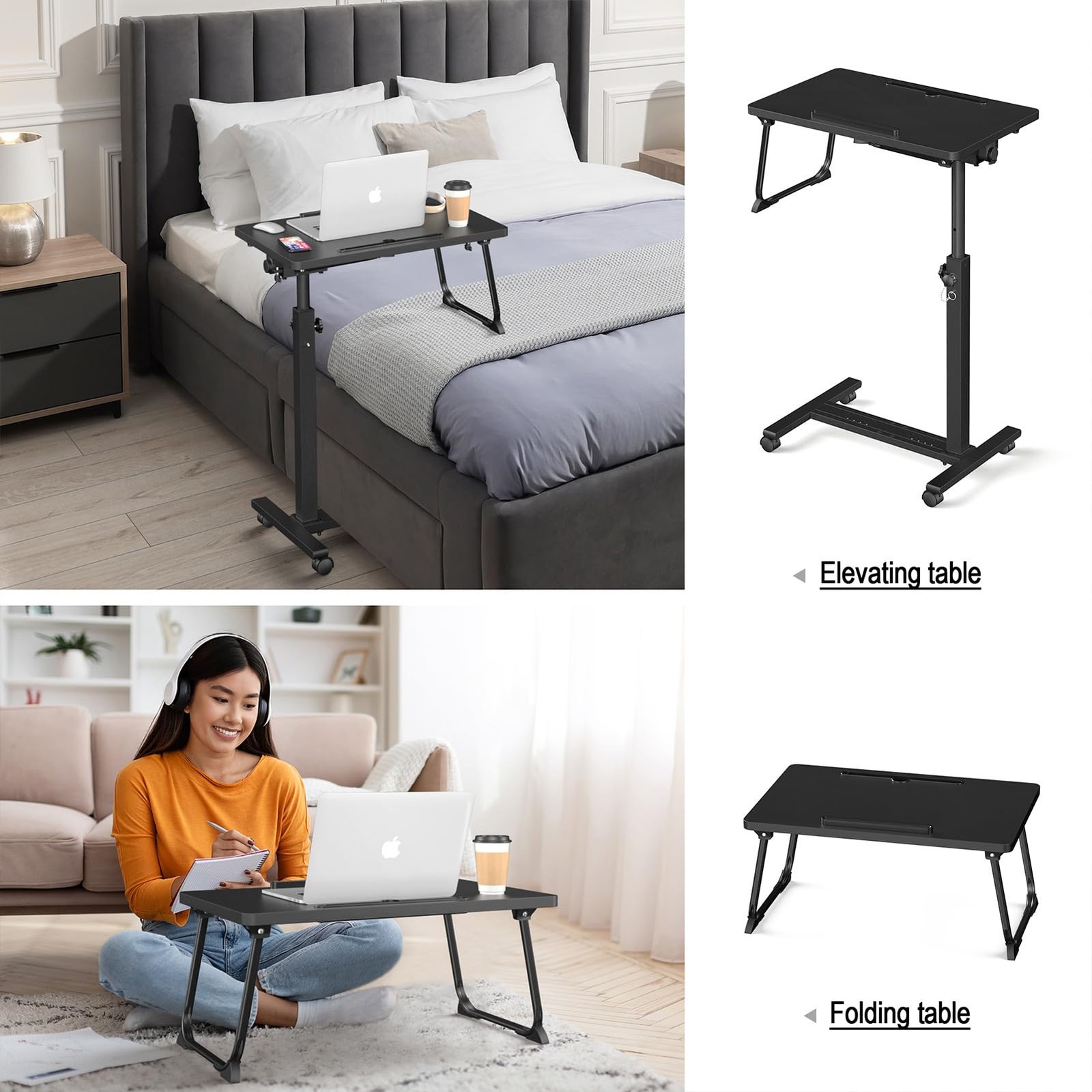 Eocnrhe Adjustable Overbed Bedside Table Hospital Bed Table Wheels Portable Roll