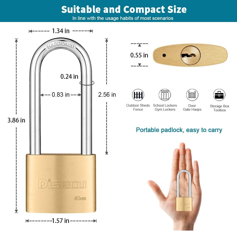 Solid Brass Padlocks 2Pk Keyed Alike Long Shackle Waterproof Outdoor 40Mm