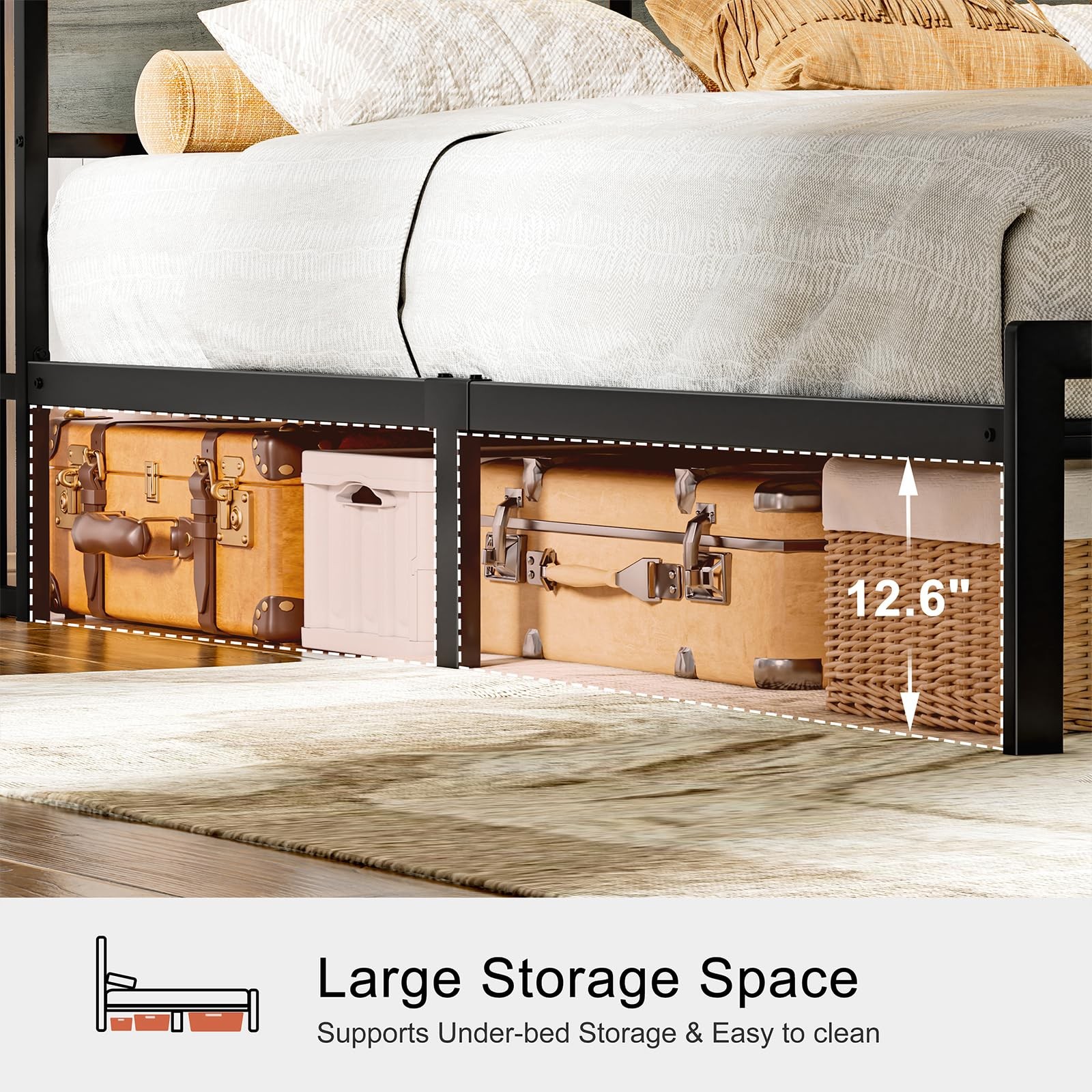 Full Bed Frame with Storage Headboard Metal Platform Bed with Lights, USB Por...