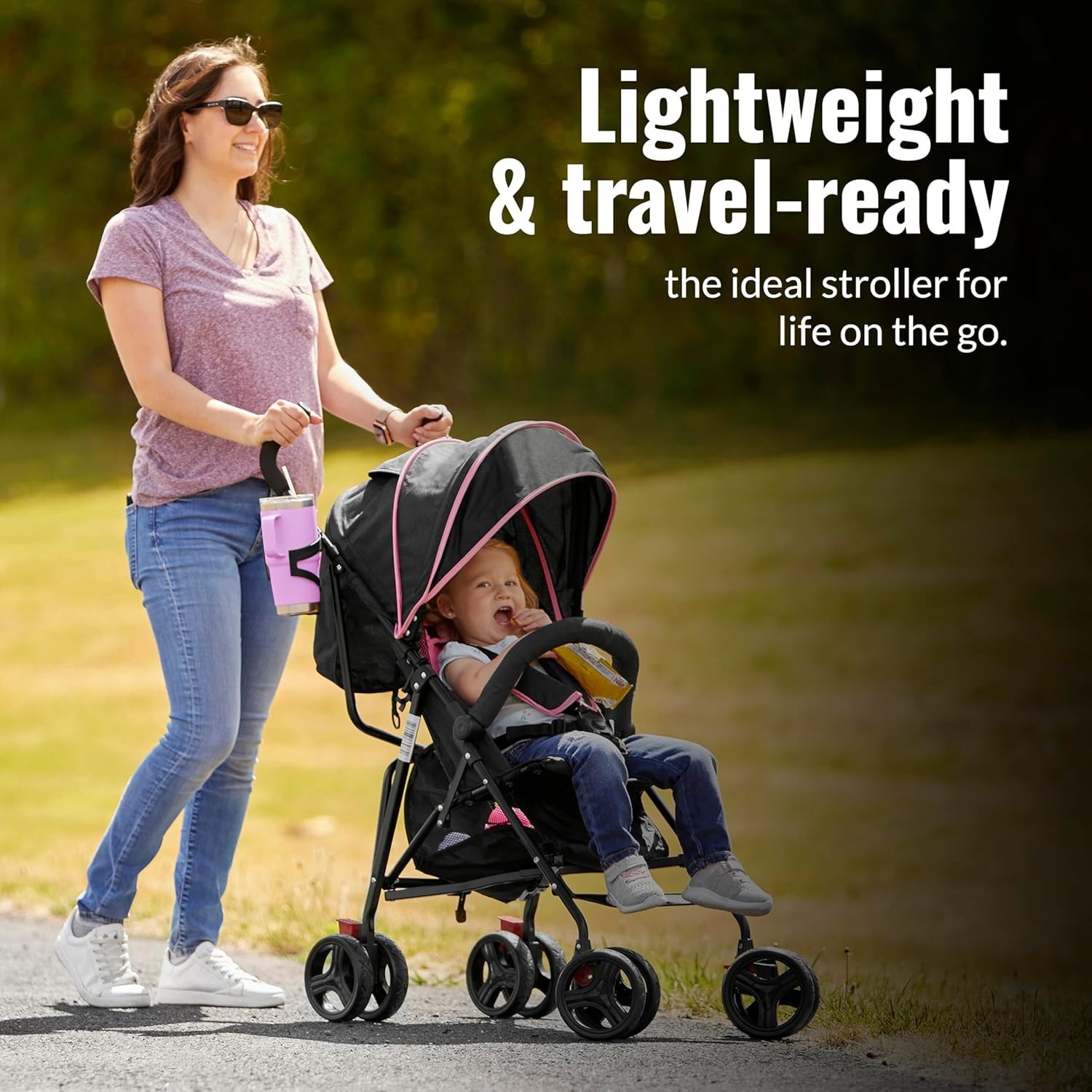 Multi-Position Reclining Umbrella Stroller with 10-Inch Back Wheels and Canopy