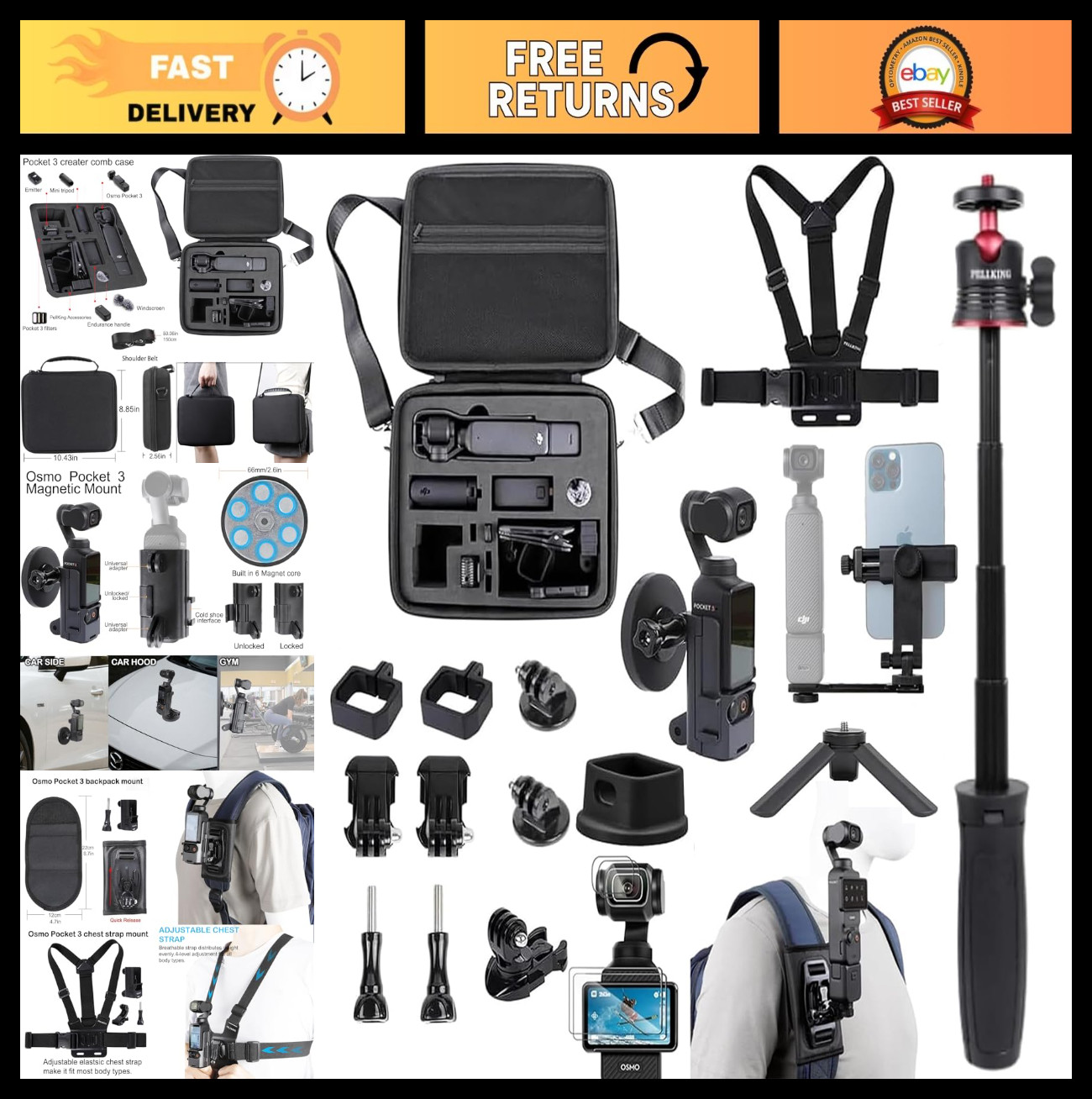 Accessories Kit for Osmo Pocket 3 - Carrying Case, Magnetic Mount, Selfie Stick