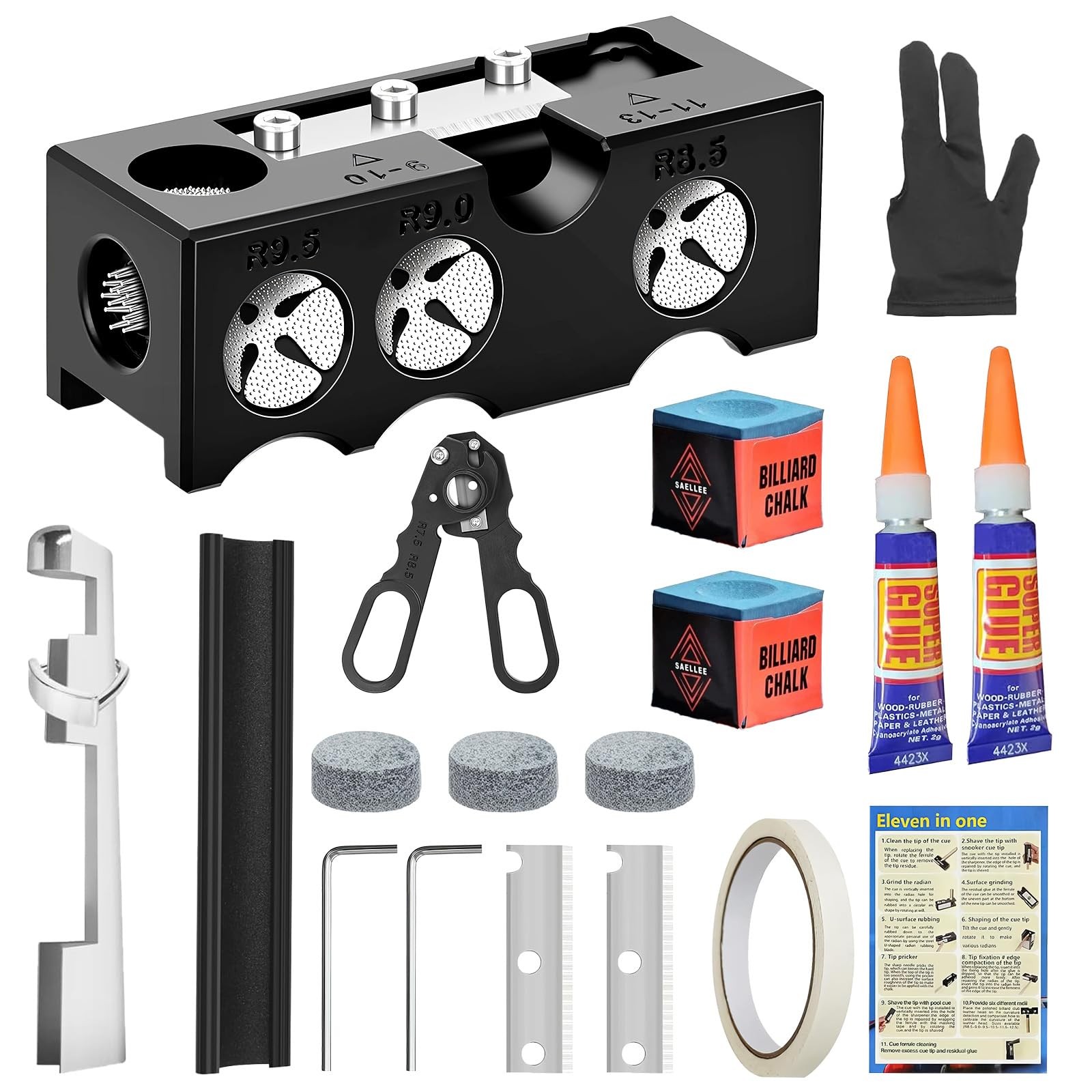 Billiards Pool Cue Tip Shaper, 11-in-1 Pool Stick Tips Replacement Kit, Billi...