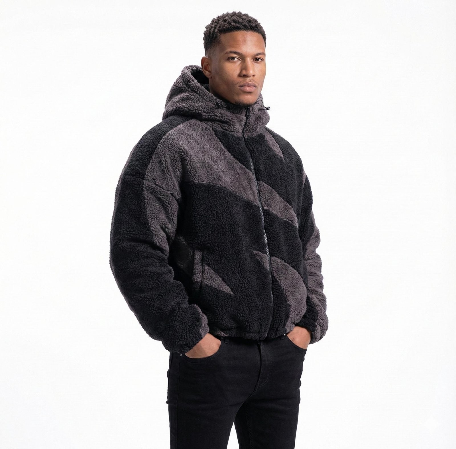 Men�s Graphic Sherpa Jacket | High Neck Fluffy Zip-Up Hoodie | Y2K Streetwear
