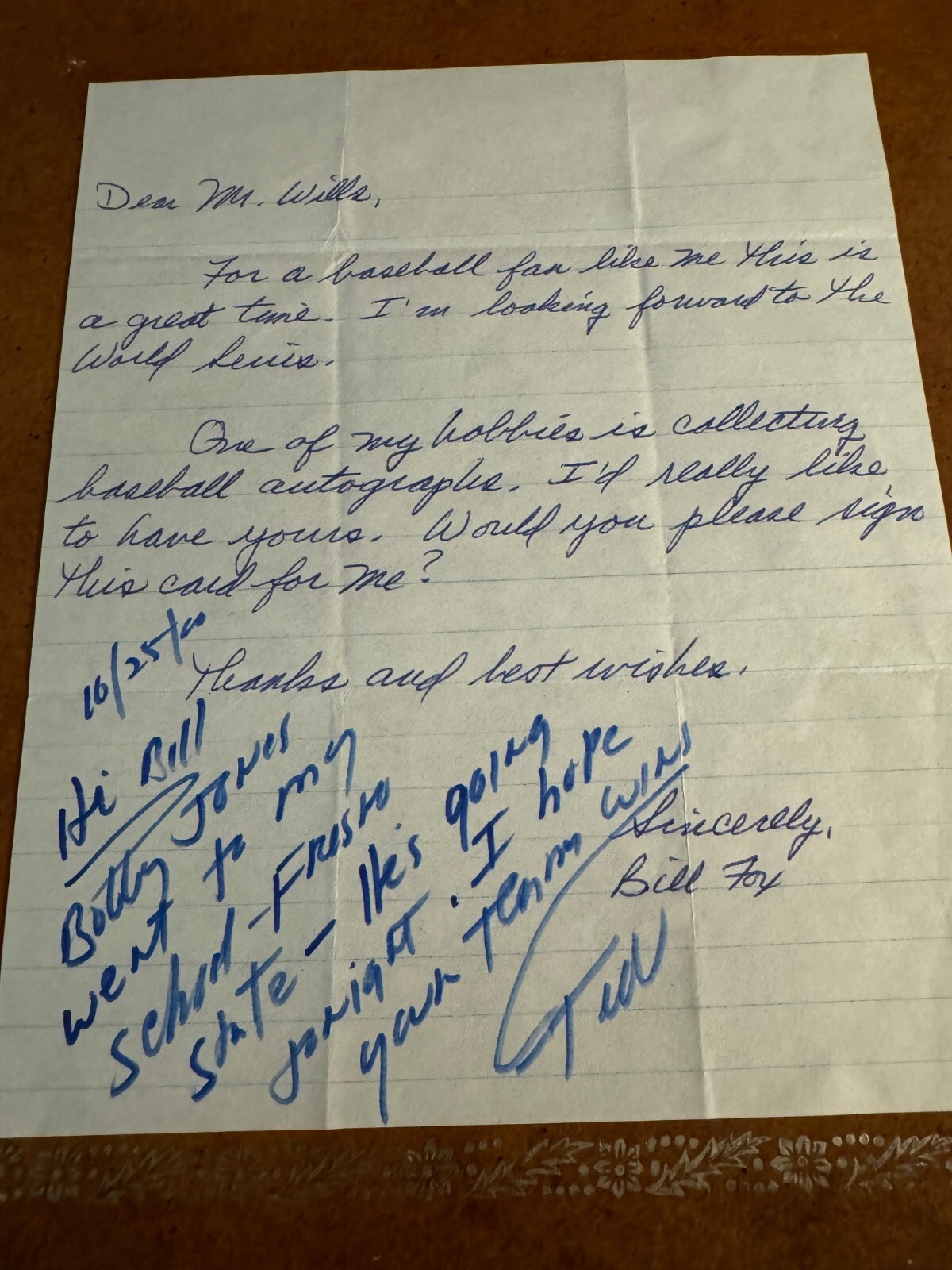 Ted Wills Autographed Signed Baseball Letter with Note Boston Red Sox