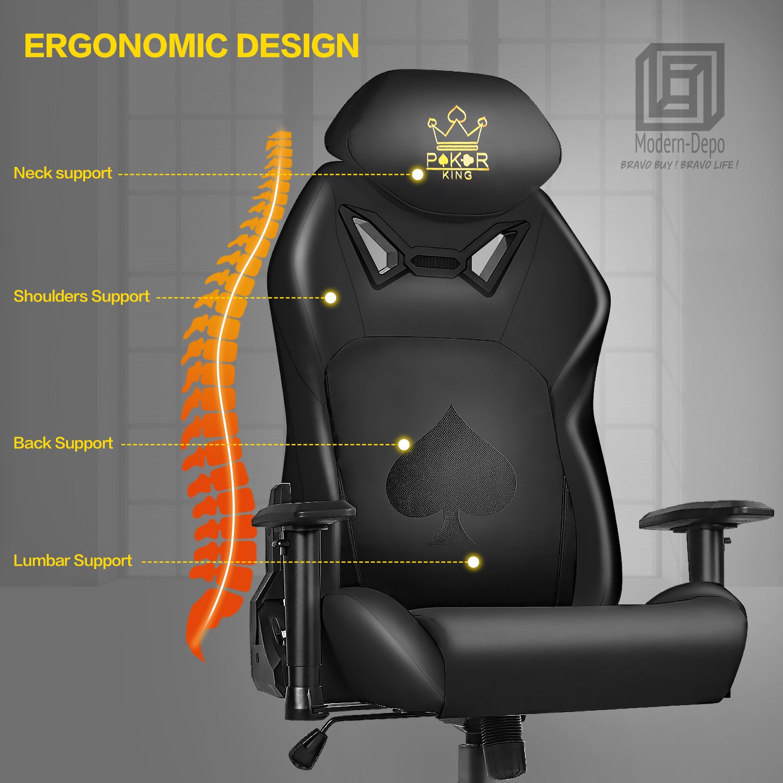 Ergonomic Video Poker Gaming Chair Recliner with Texas Hold'em Sign Swivel Chair