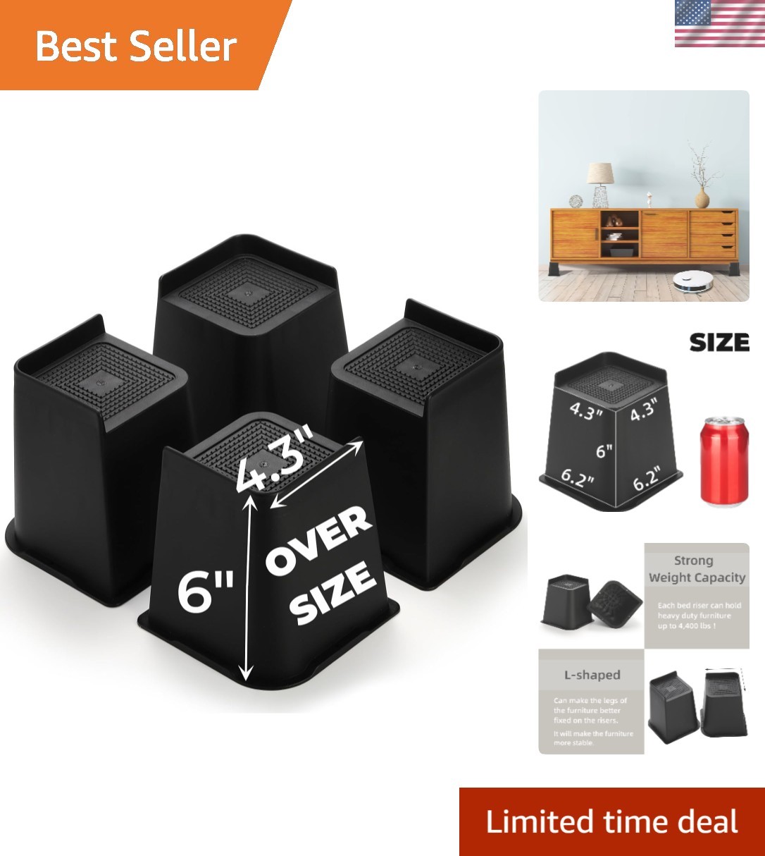 Heavy Duty Bed Risers 6 Inch Oversized Furniture Risers for Couch Desk