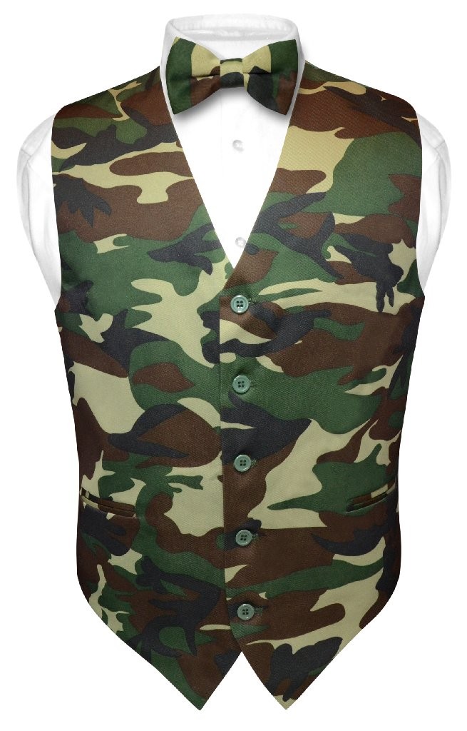Men's Army Green Camo Dress Vest Bow Tie Set Brown Beige Black Wedding Prom L