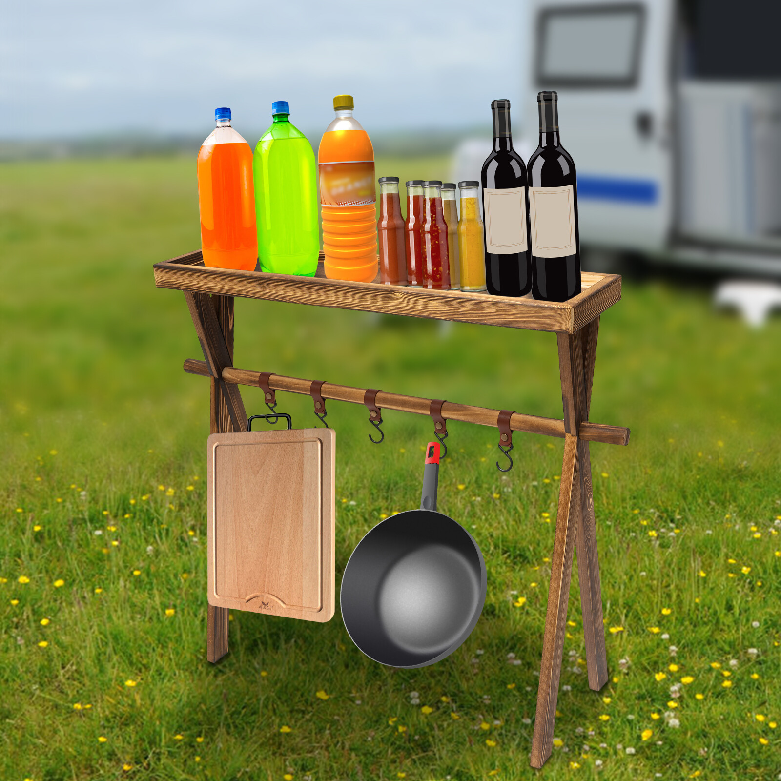 Removable Portable Camping Picnic Rack Cookware Hanging Rack w/ 5 Holders