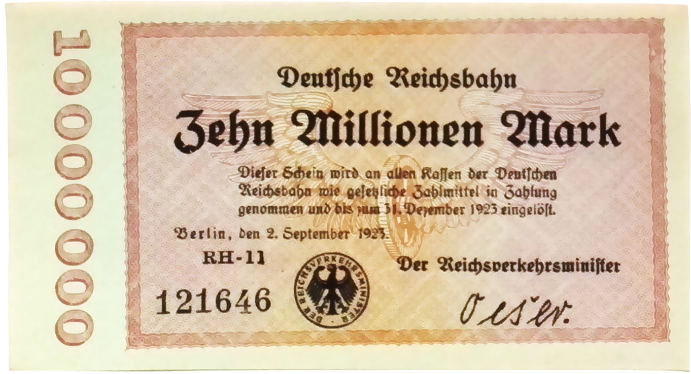 1923 Germany REICHSBAHN 10.000.000 / 10 Million  Mark Banknote
