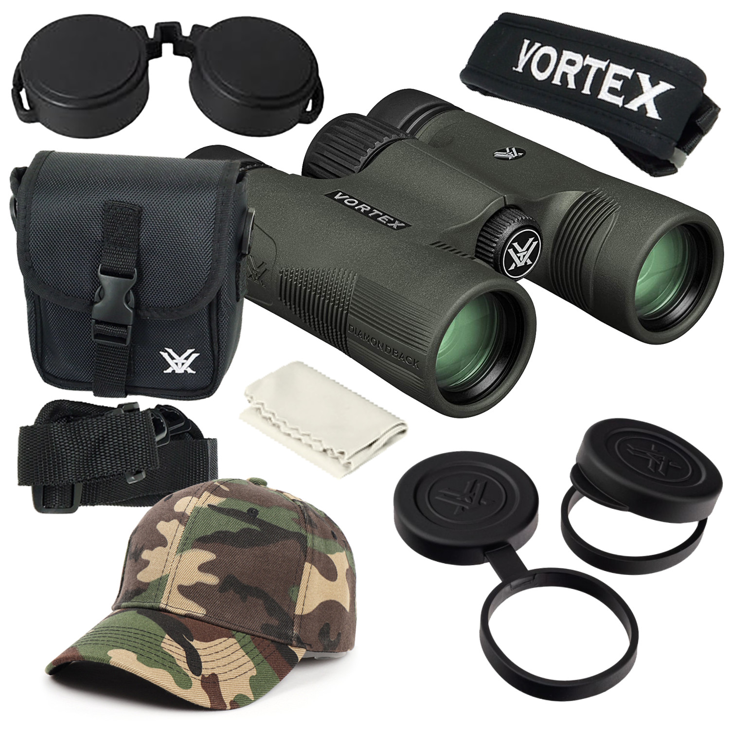 Vortex Optics Diamondback HD 10x28 Binocular with Free Camo Forest Hat Bundle