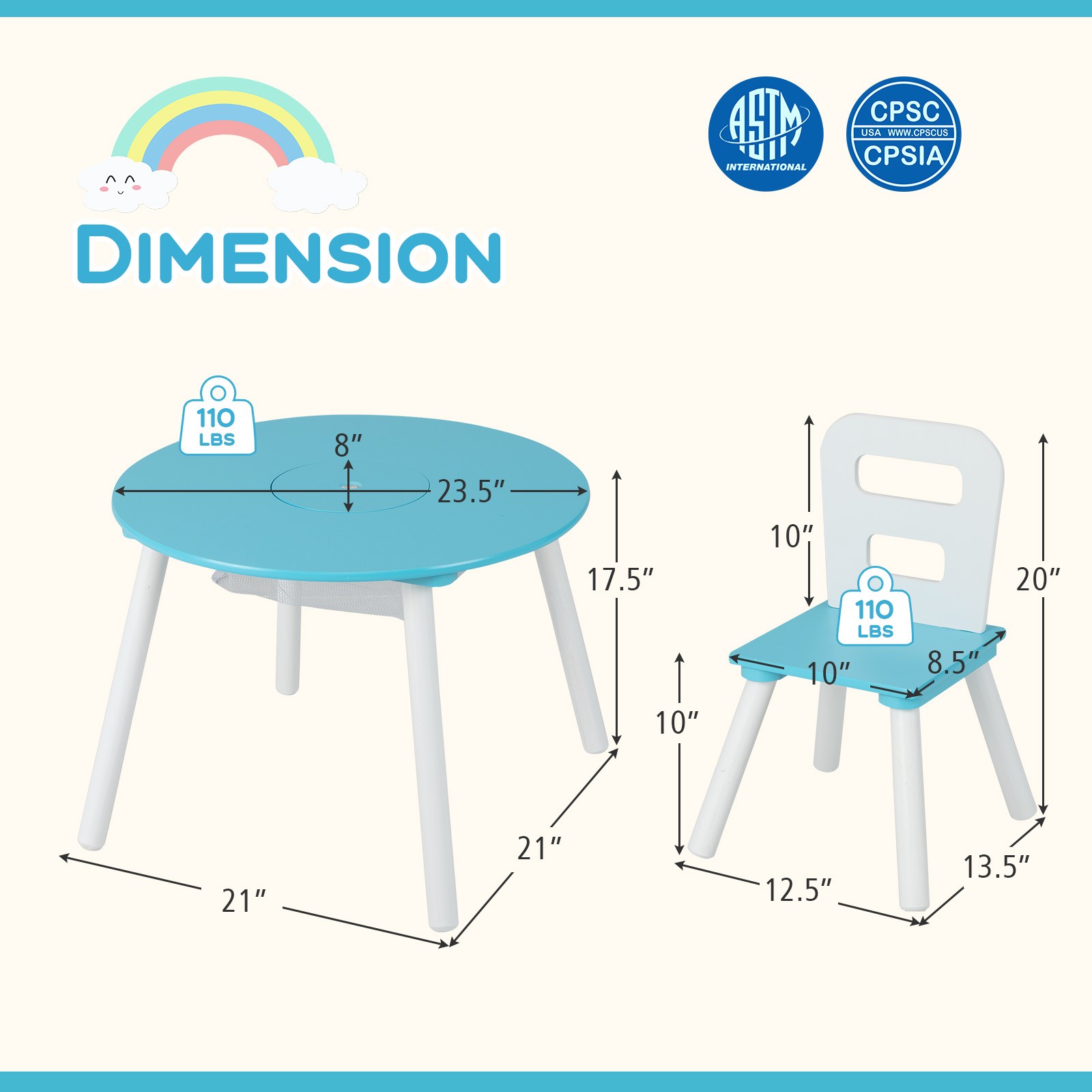 Kids Wooden Round Table & 2 Chair Set w/ Center Mesh Storage Blue