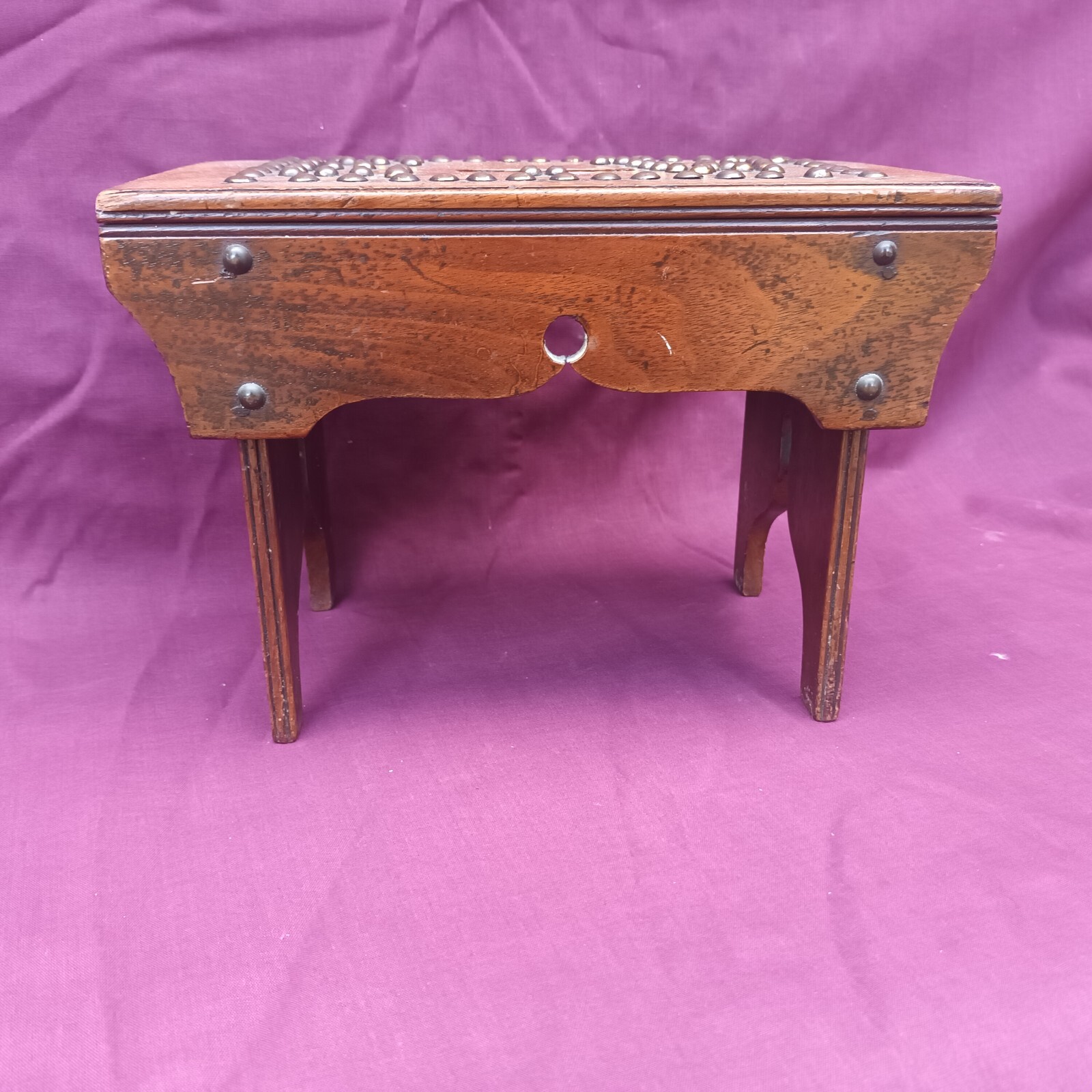 Small Antique Treen Studded Cracket style Stool marked 'E W'