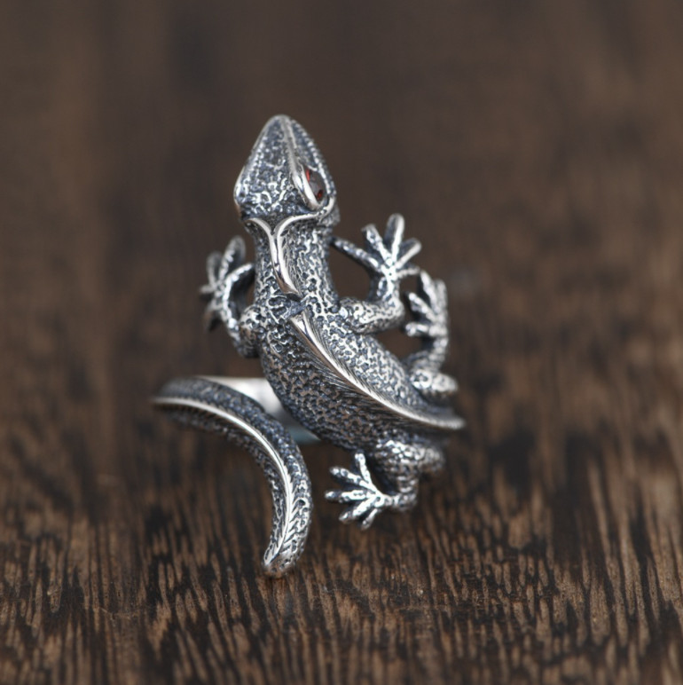 Antique Style Unisex Punk Silver Black Lizard Adjustable Band Ring