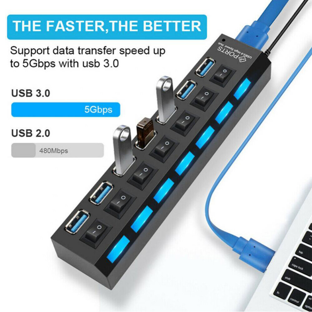 7 Port USB 3.0 Hub Splitter Adapter High Speed Extension For PC Laptop Desktop