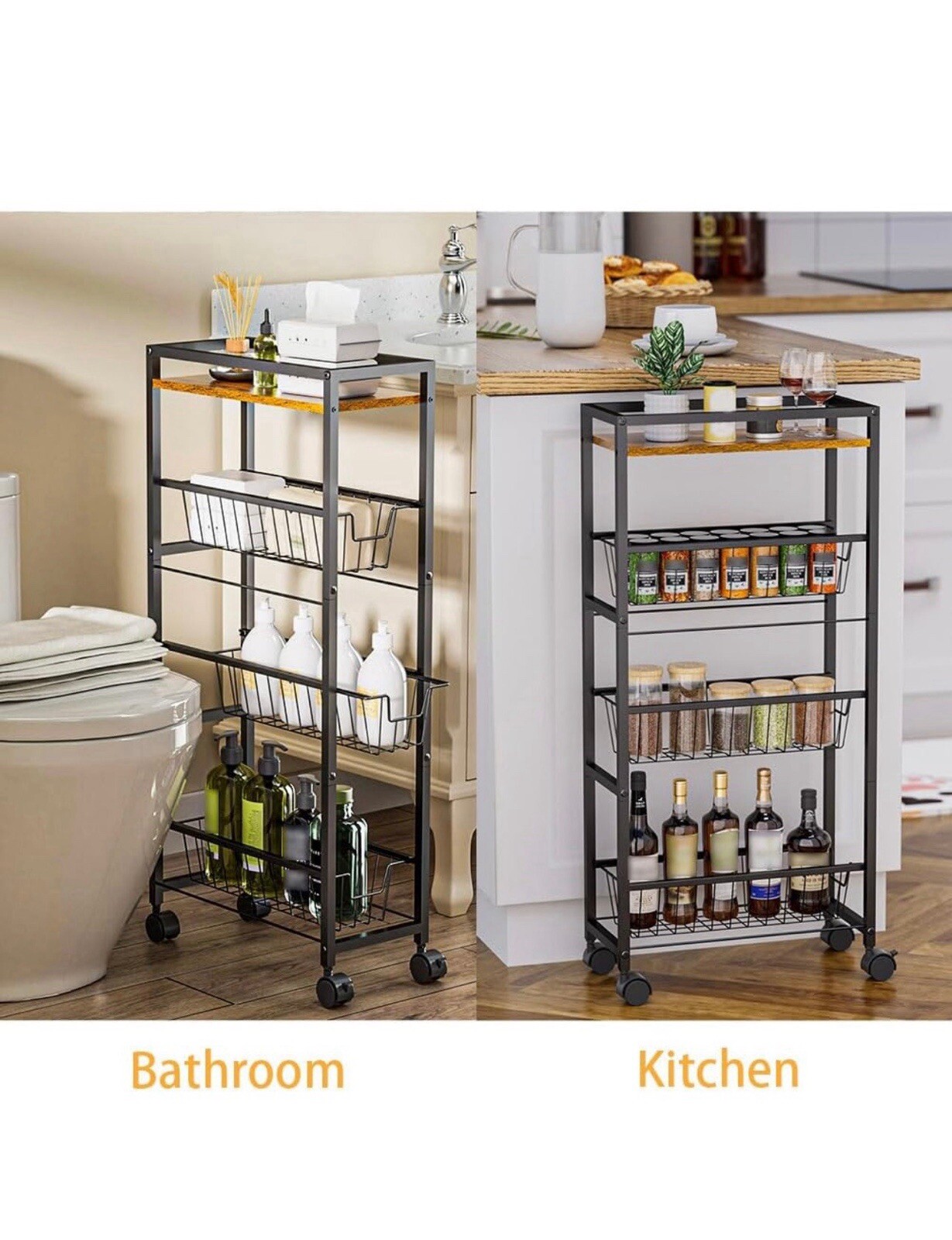 4-Tier Kitchen Cart Utility Organizer White Slim Rolling Cart Rack w/3 Basket
