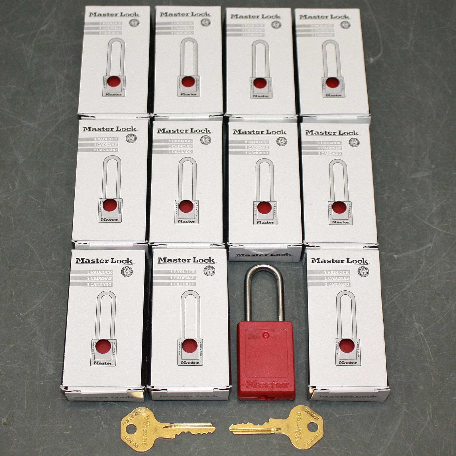 (12) Master Lock Lockout Padlocks S33KAS12RED, Keyed Alike, Red, Stainless Steel