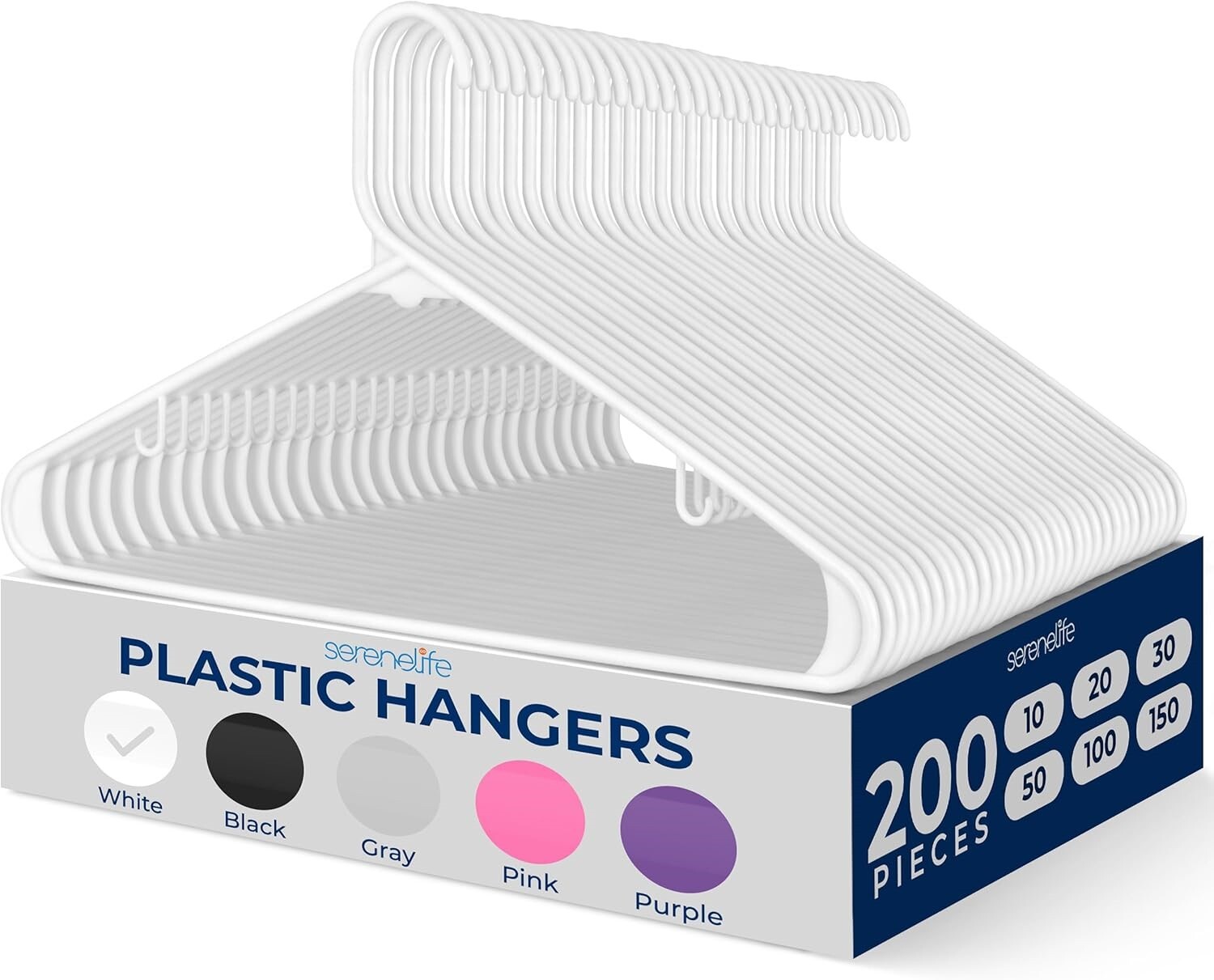 200 Pcs SereneLife White Plastic Durable Clothing Hangers Set w/ Slip Design NEW
