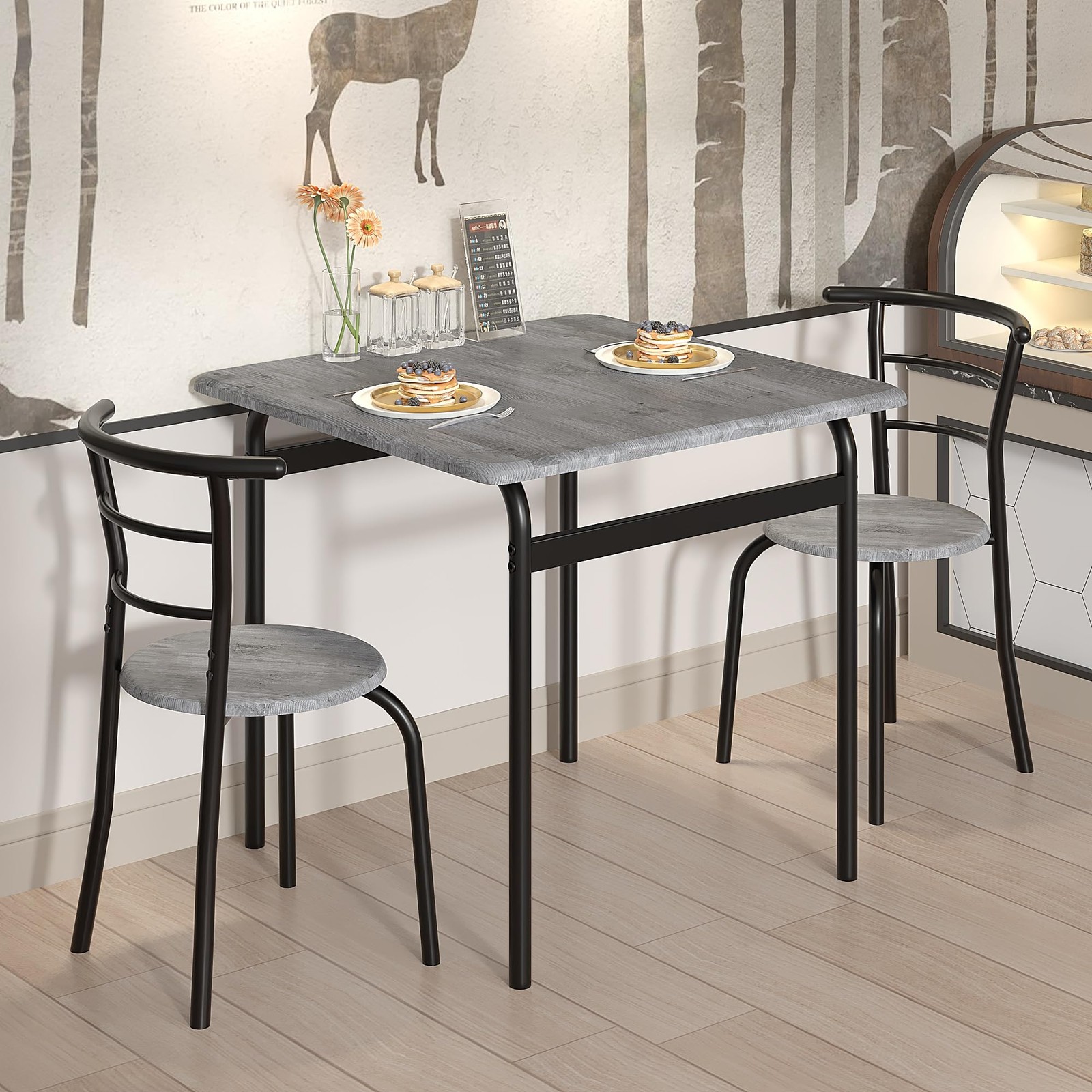 VECELO 3 Piece Dining Table & Chairs Set for 2, Metal and Wooden Square Kitchen