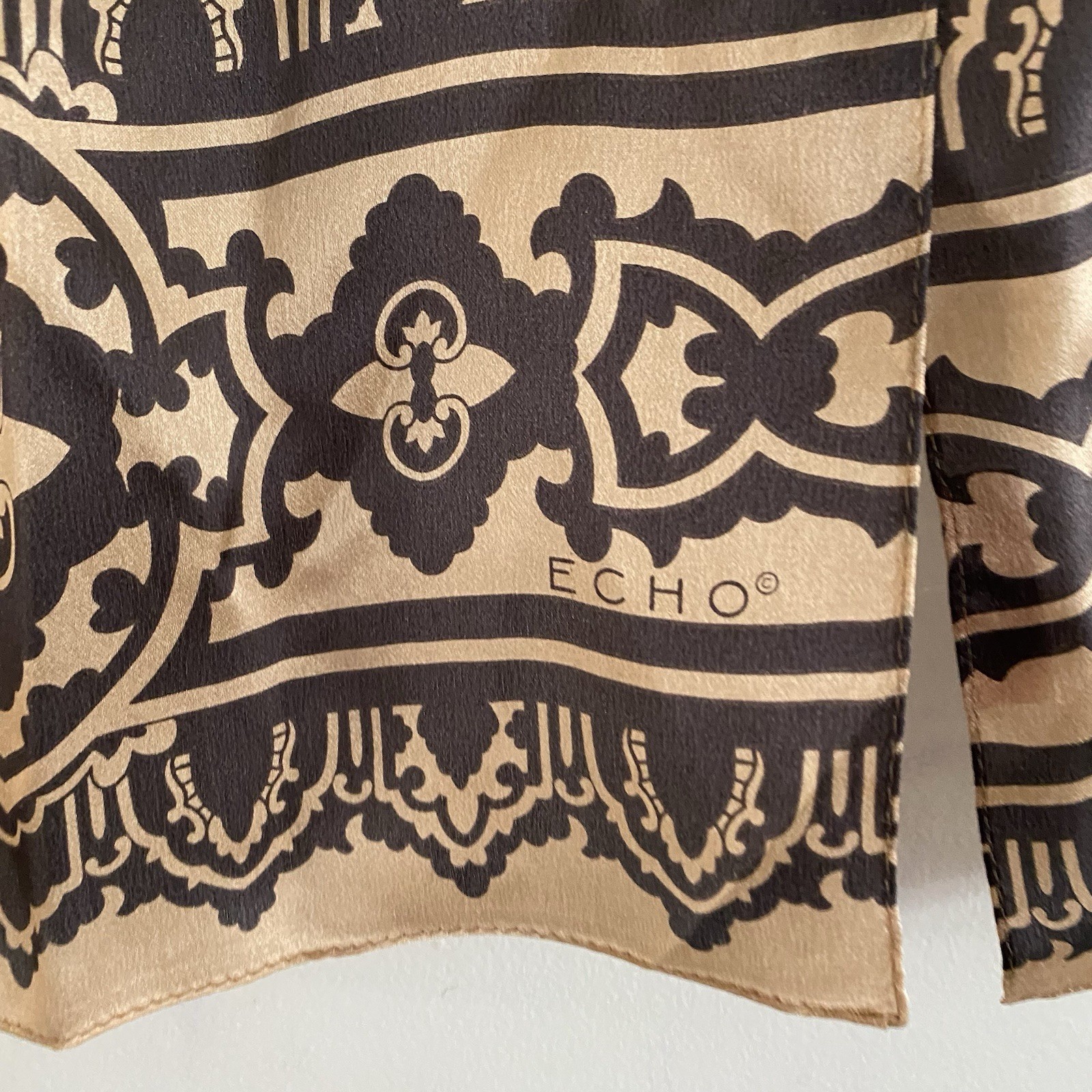Echo Silk Scarf Gold Black Leaf Print Satin Feel Elegant Preppy