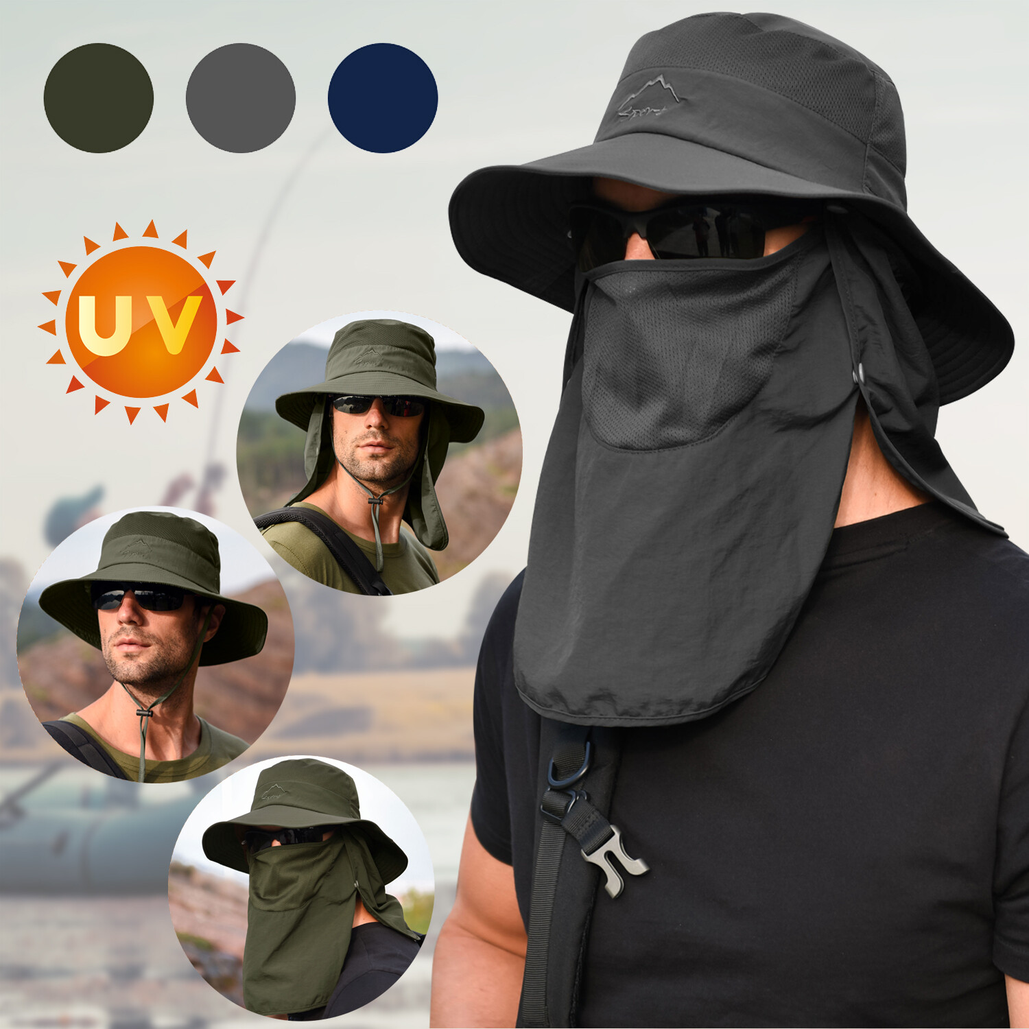 Wide Brim Sun Hat with Neck Flap UV Protection Hiking Fishing Cap for Men Women