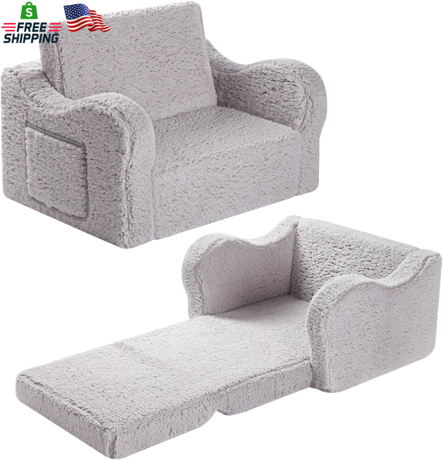 Kids Sofa, 2-In-1 Flip-Out Foam Couch with Soft Sherpa Cover, Cozy Play Lounge C
