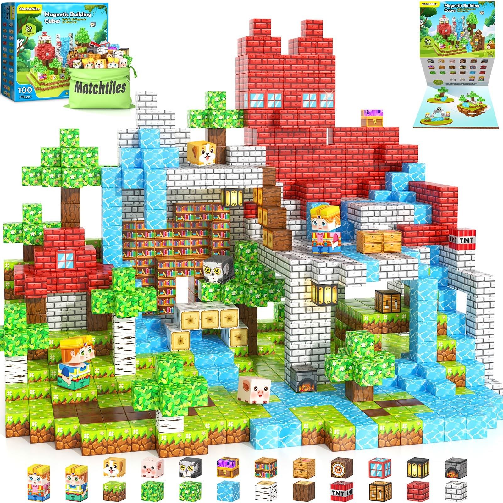 Matchtiles 150 PCS Magnetic Blocks - Mine Magnet World Building Toys for Kids Ag