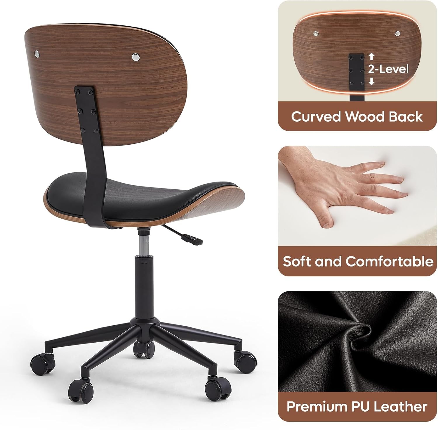 Small Office Chair W/ Bentwood Back Support Armless Desk Chair W/ 360° Swivel