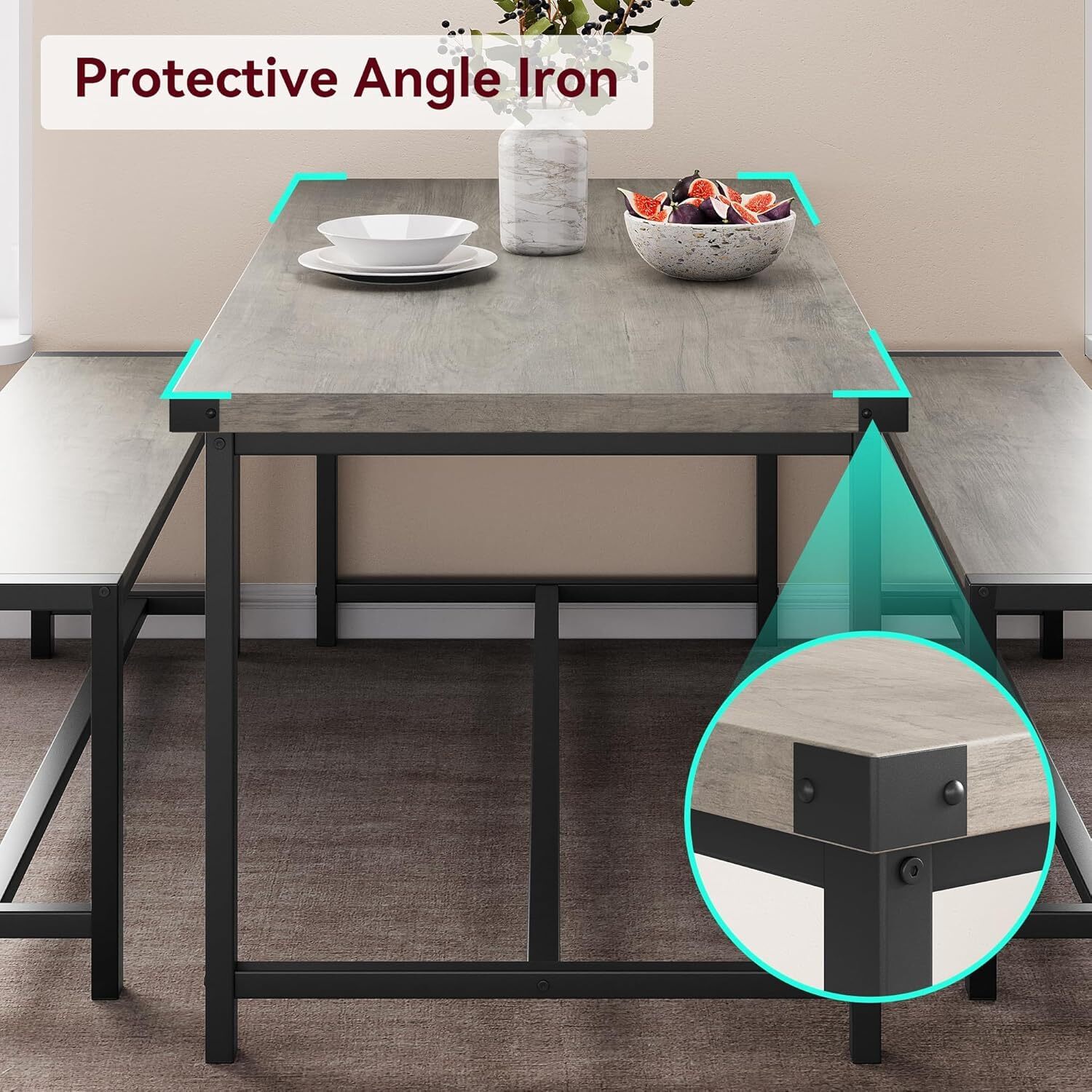 Kitchen Dining Table Set for 4 People Dinner Table with 2 Bench for Dining Room