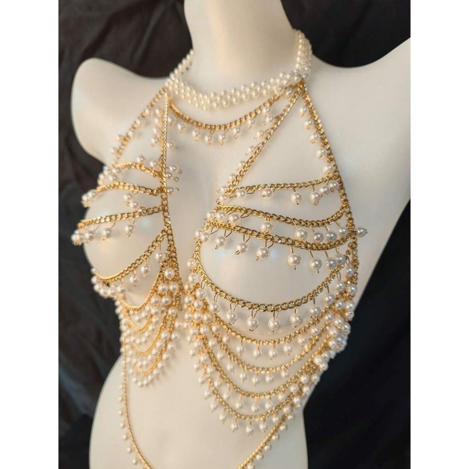 Chic Elegant Party Rave Festival Pearl & Gold Chain Body Jewelry Harness