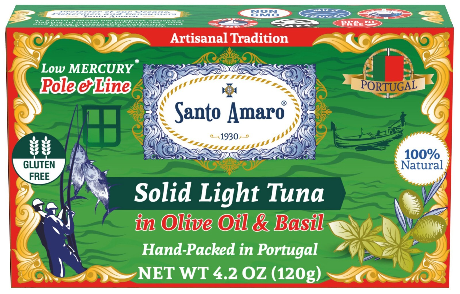6 Pk: Santo Amaro Pole & Line Wild Tuna Fillets in Virgin Olive Oil - BASIL