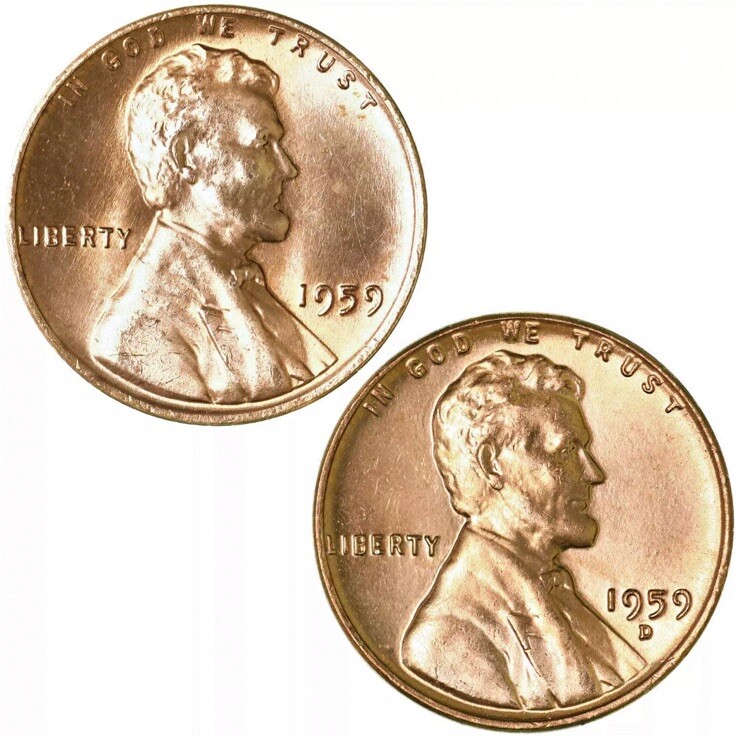 1959 P & D Lincoln Memorial Cents/ Pennies BU. Uncirculated. 2 Coin Set
