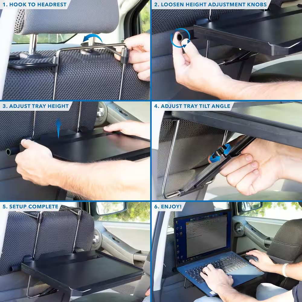 Height Adjustable Steering Wheel and Head Rest Laptop Tray