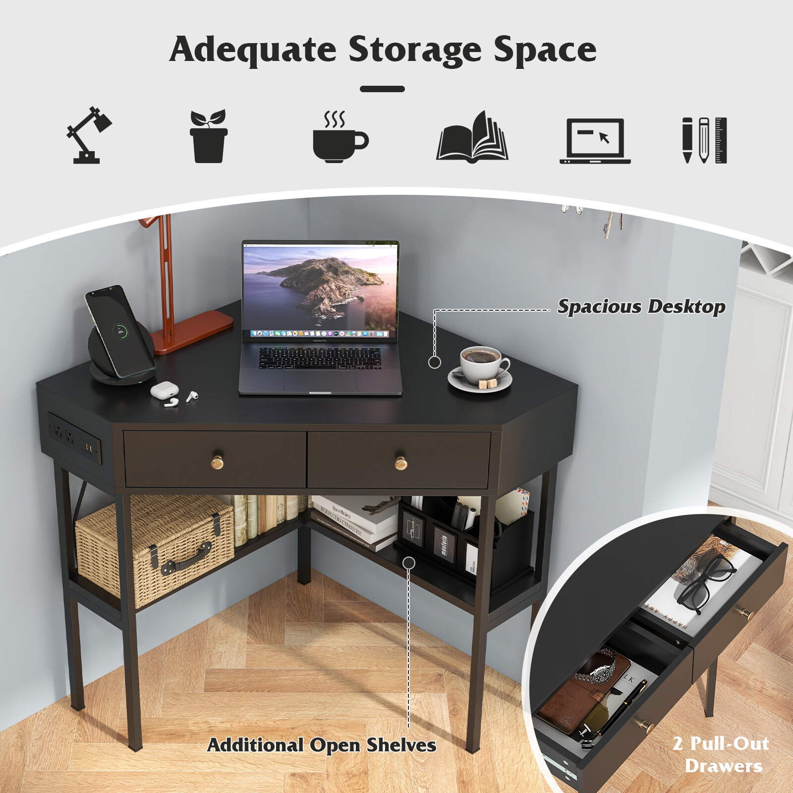 Costway Corner Computer Desk Writing Workstation Study Desk w/ 2 Drawers Black
