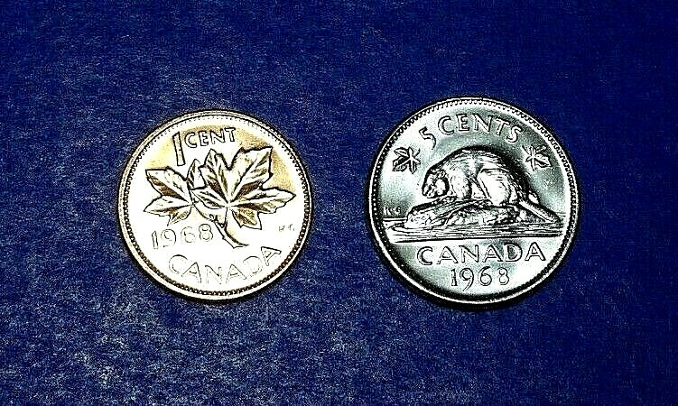 CANADA 1968 - PENNY (1c) AND NICKEL (5c)  BU UNCIRCULATED STOCK PHOTO 2-COINS